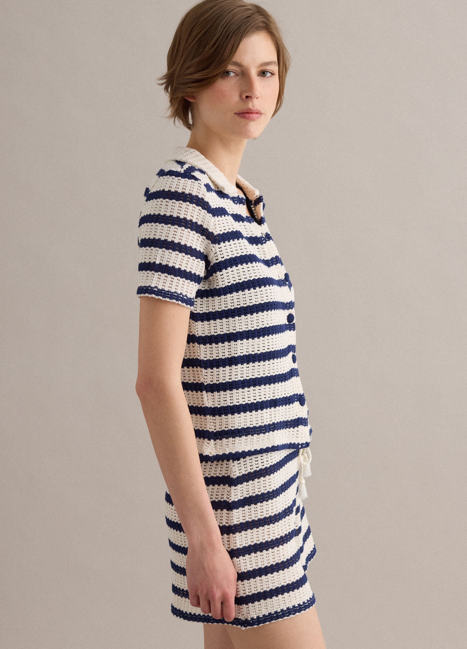 Blue and white striped stretch cotton crochet polo shirt