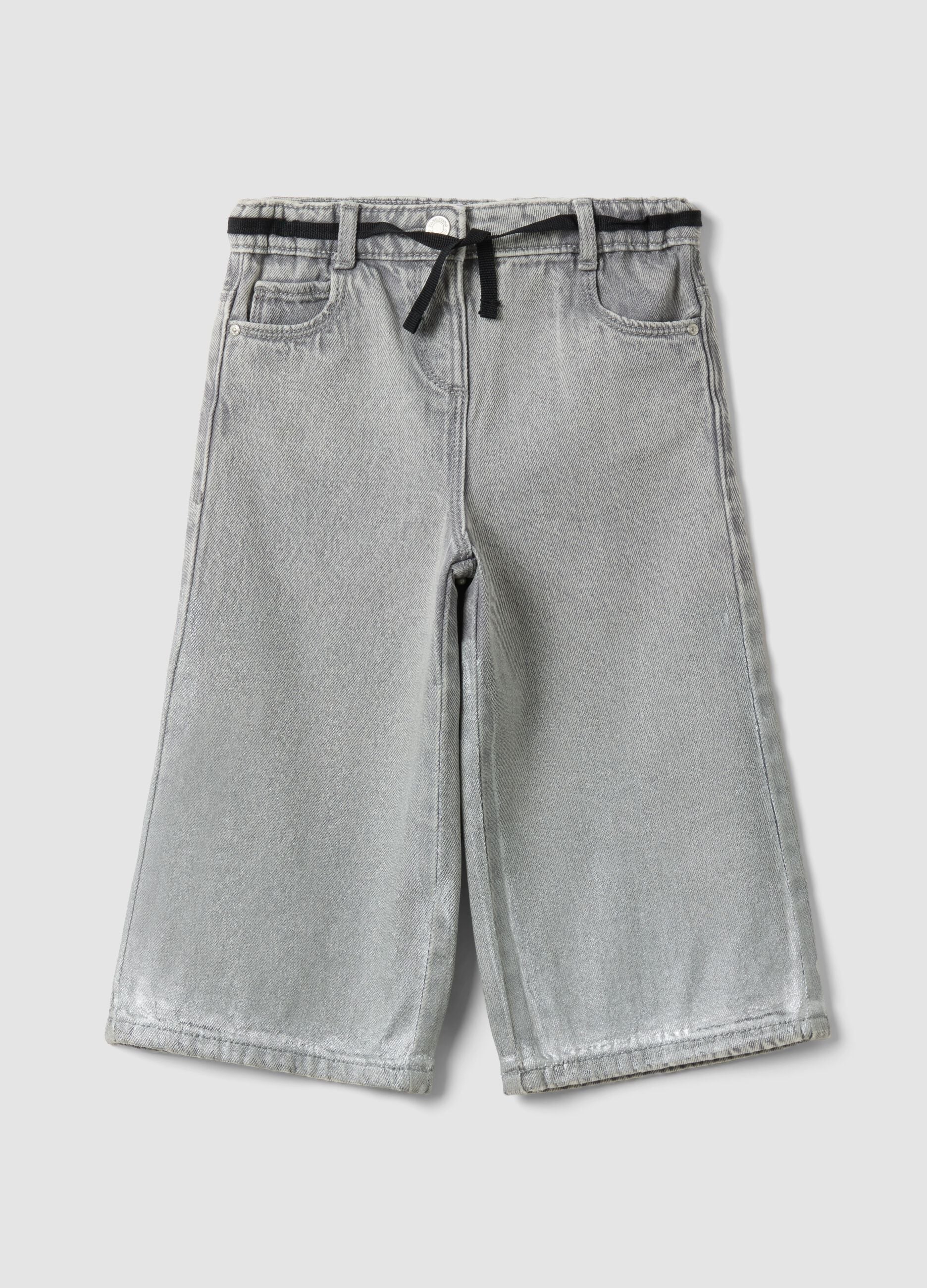 Grey super wide-leg cotton and viscose blend jeans for baby girl