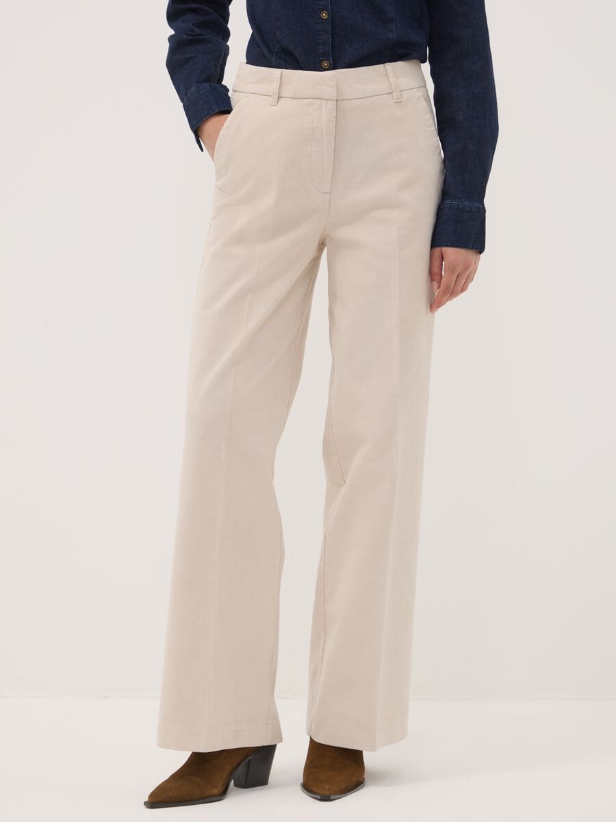 Pantaloni The Iconic Pants beige in cotone elasticizzato a coste straight fit_1