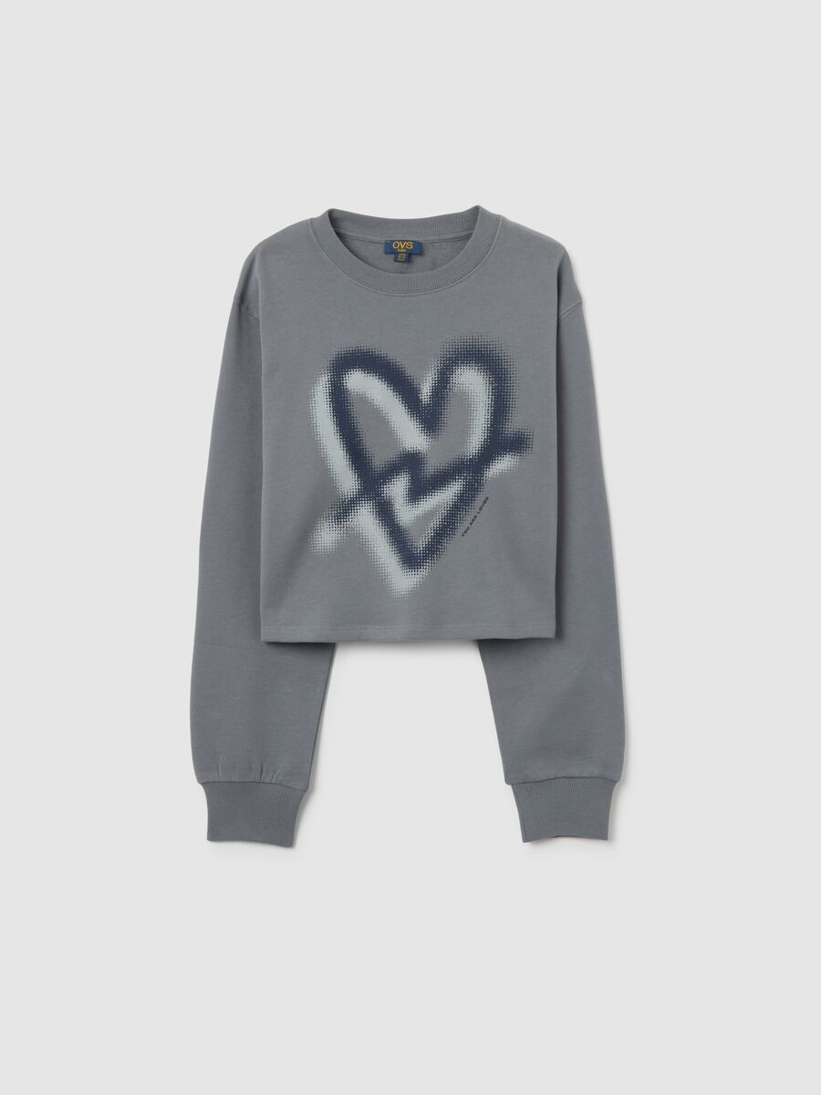 Grey girl's sweatshirt in pure cotton regular fit with printed heart_0