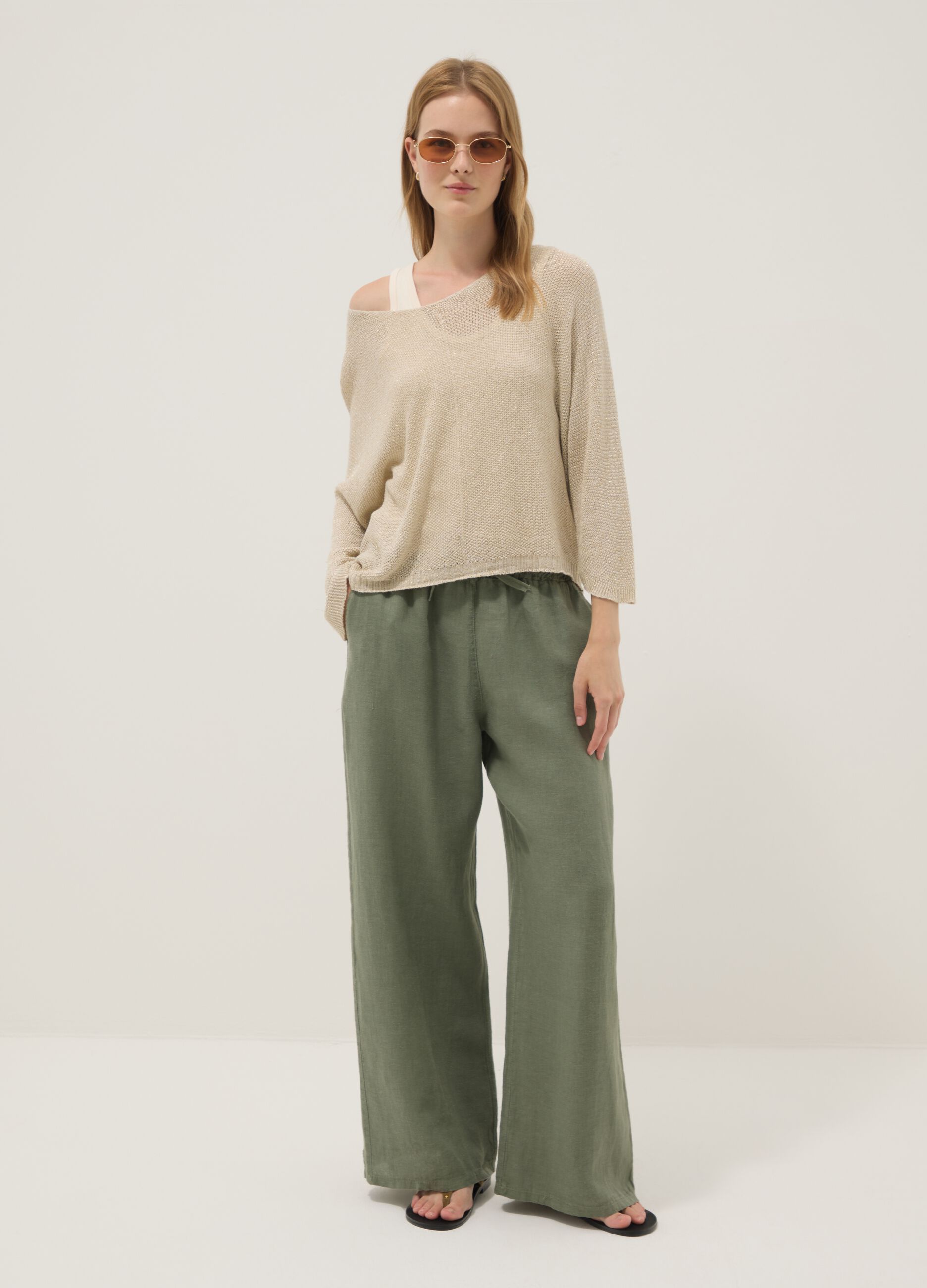Pantaloni verdi in puro lino con coulisse