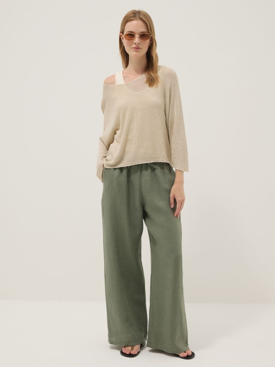 Pantaloni verdi in puro lino con coulisse_0