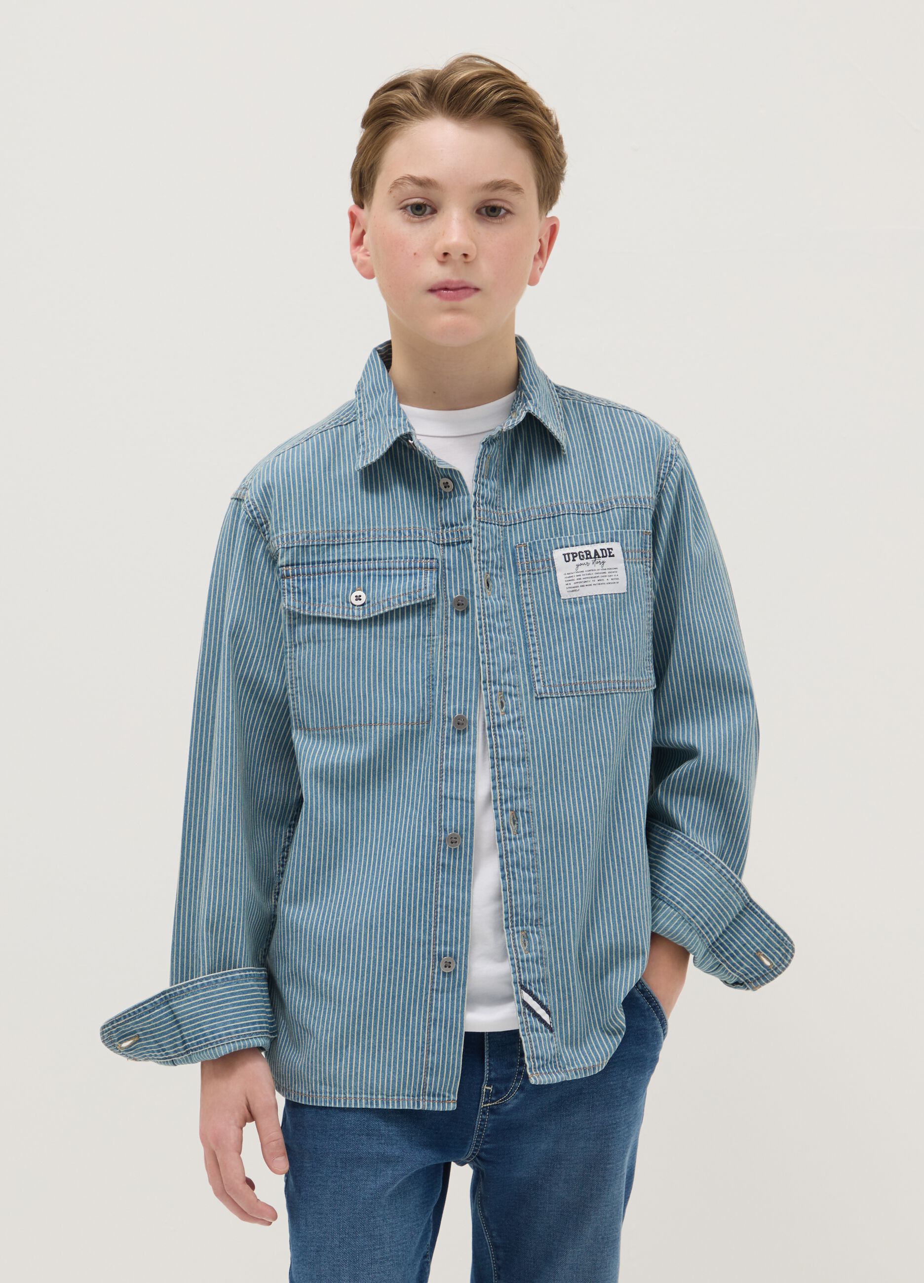 Light blue pure cotton shirt with oversized fit for boys