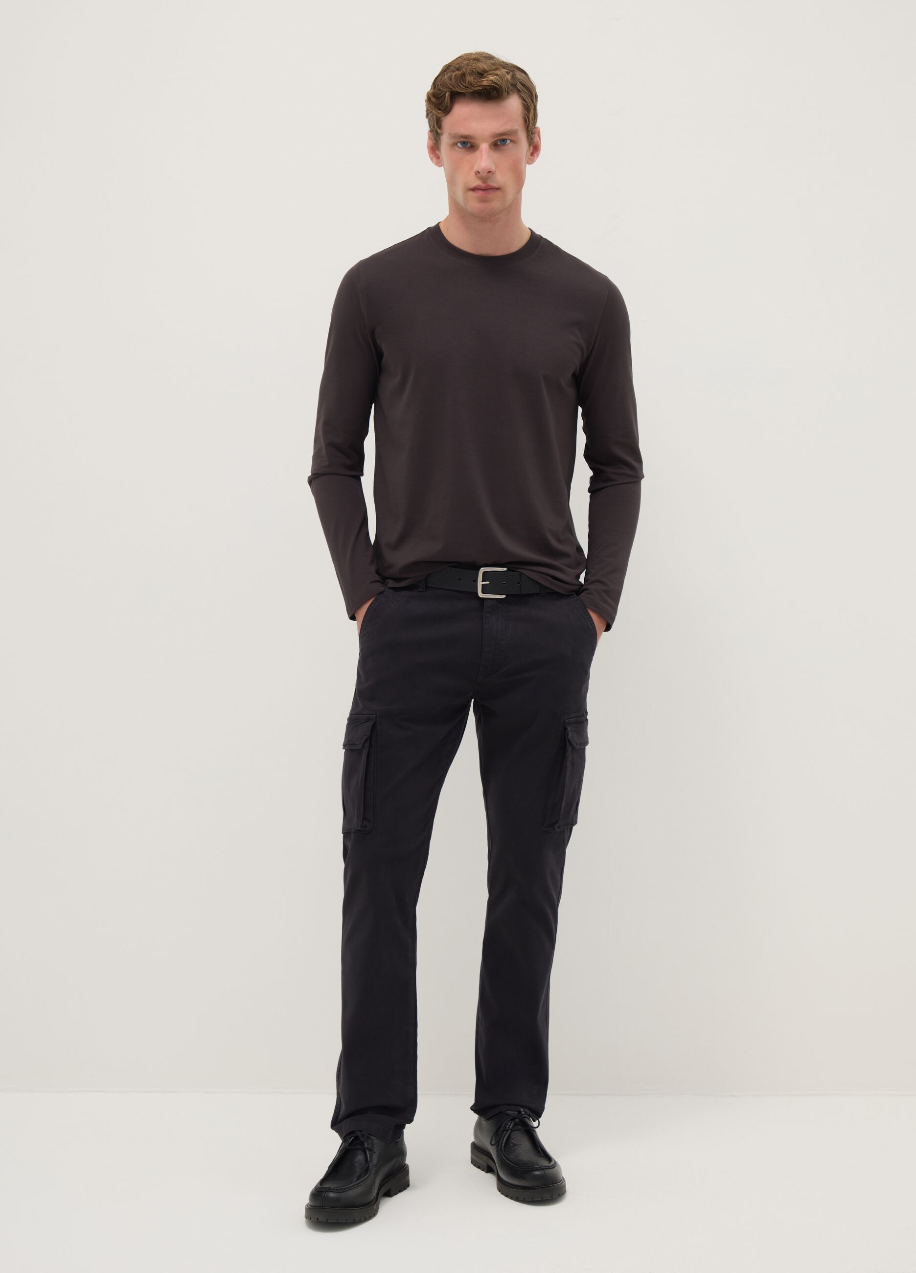 Brown long-sleeve T-shirt in stretchy cotton regular fit