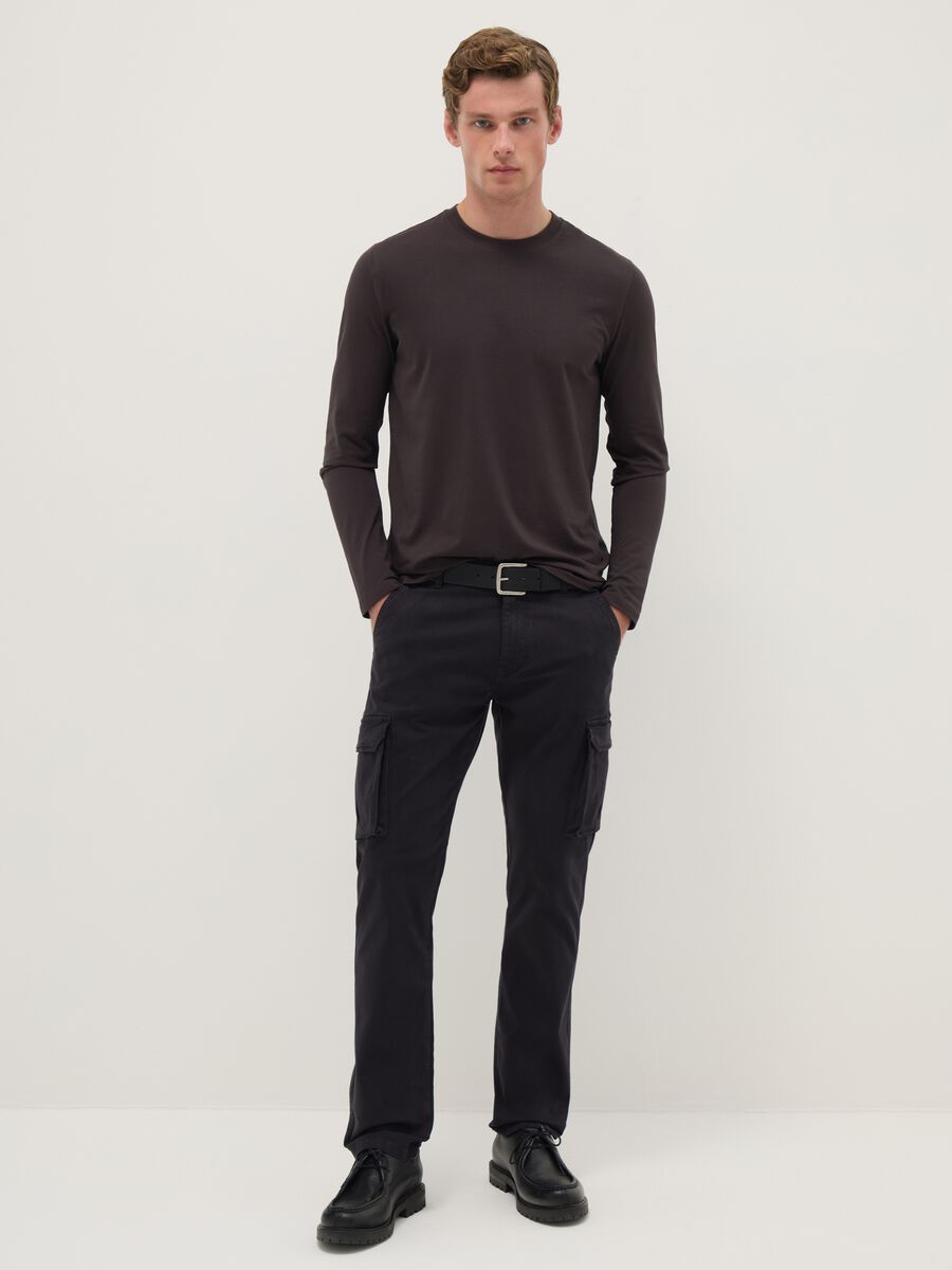 Brown long-sleeve T-shirt in stretchy cotton regular fit_1