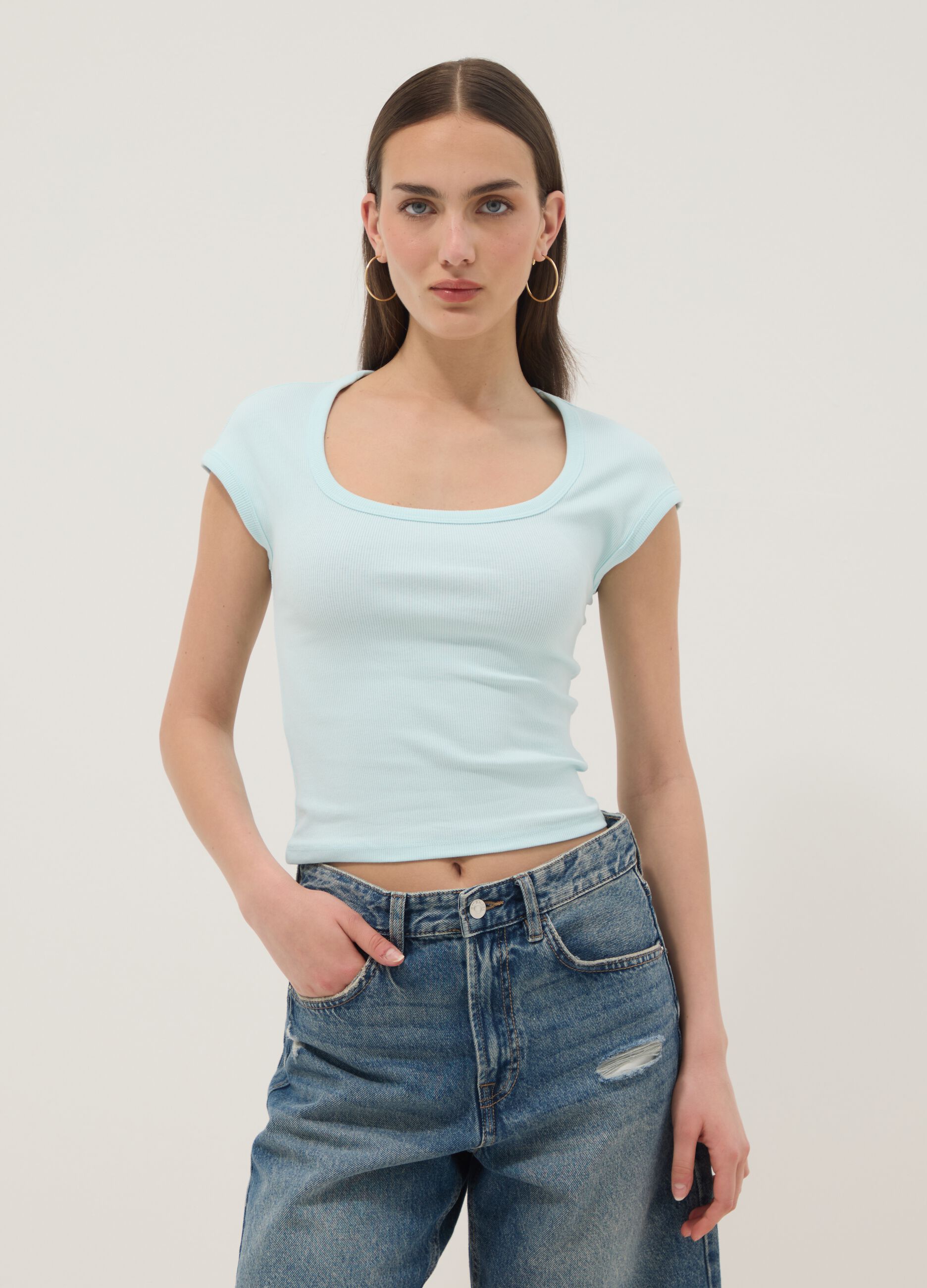 Blue stretch cotton T-shirt