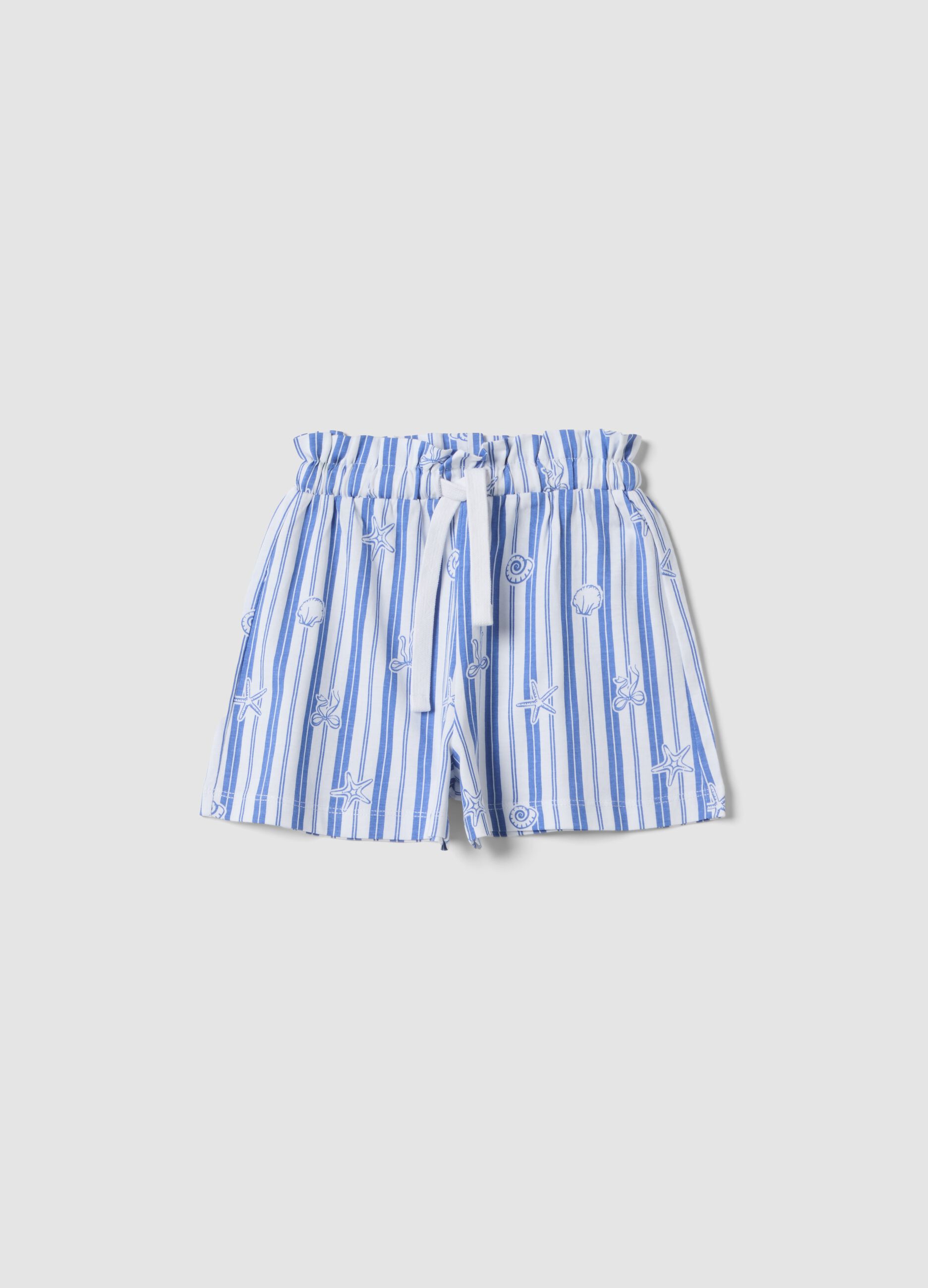 Girls&rsquo; pure cotton shorts with white and light blue stripes and prints