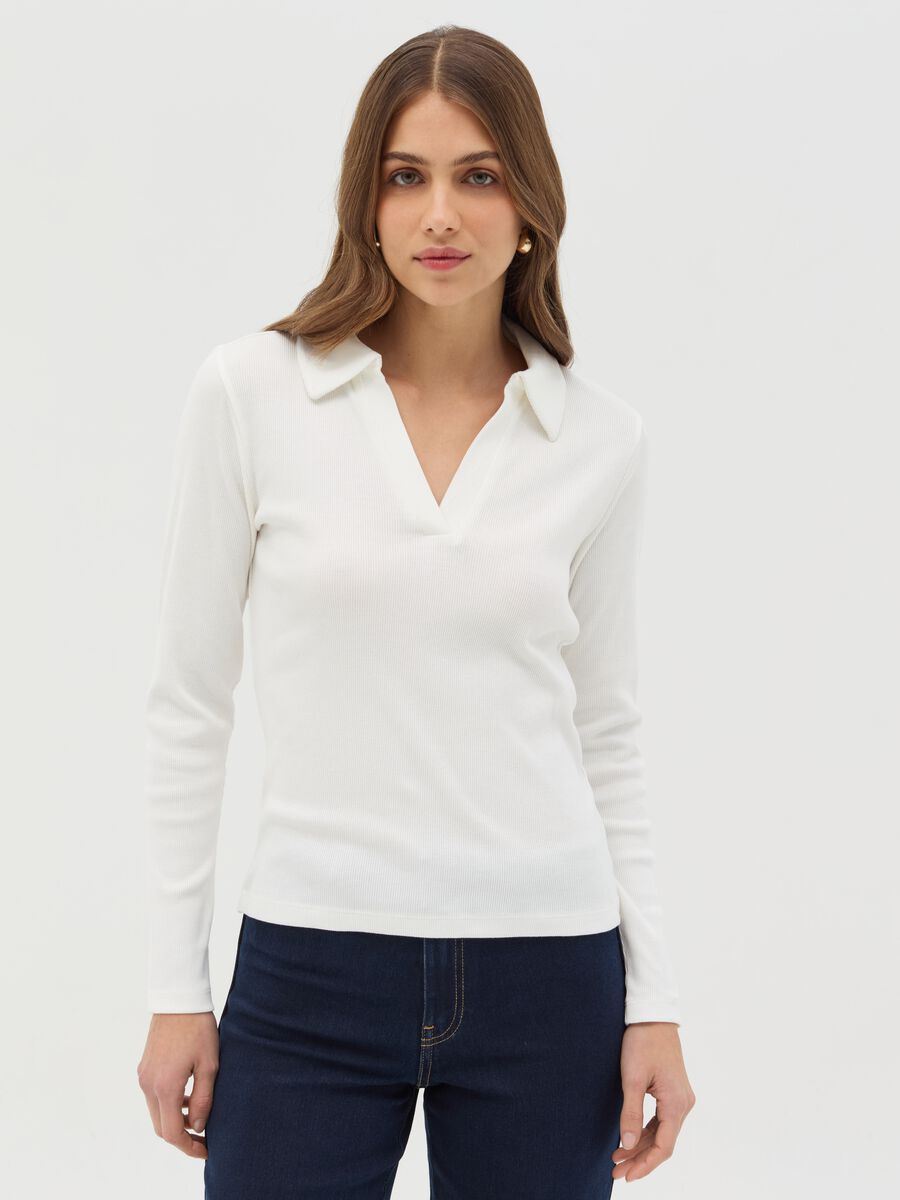Ribbed T-shirt with polo shirt neck_0