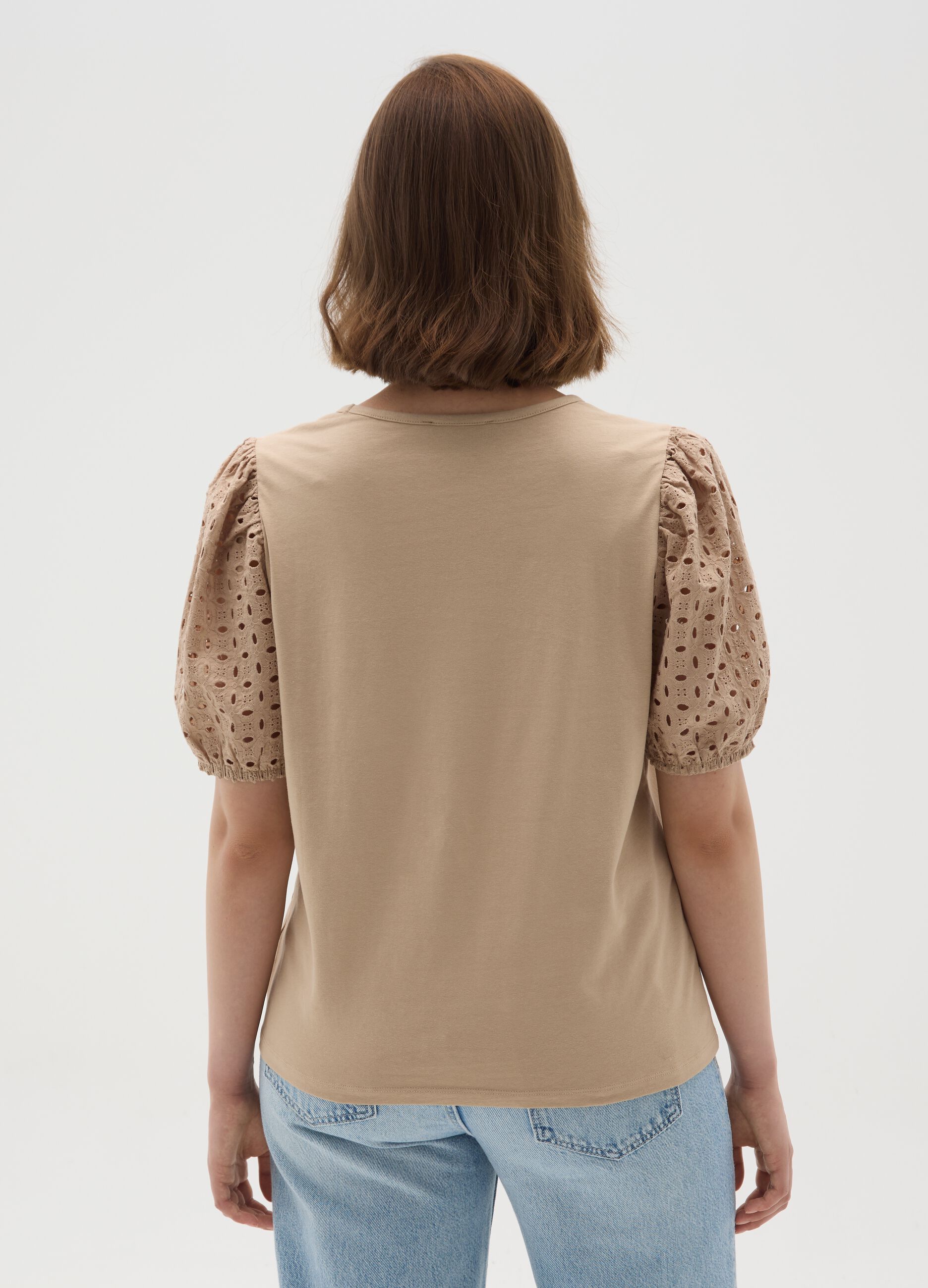 Beige regular fit women's cotton T-shirt with puff sleeves
