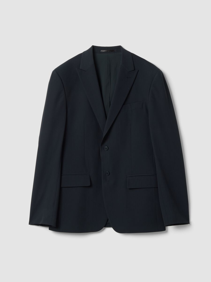 Blazer blu in twill di viscosa elasticizzata slim fit con rever a lancia_0