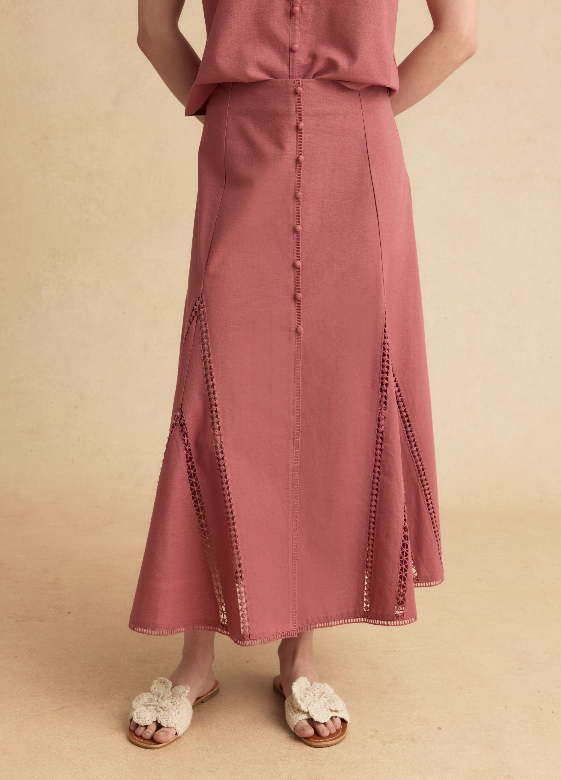 Pink cotton-linen blend skirt with openwork detailing