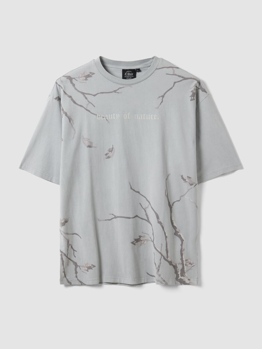 Grey pure cotton T-shirt with foliage print_0
