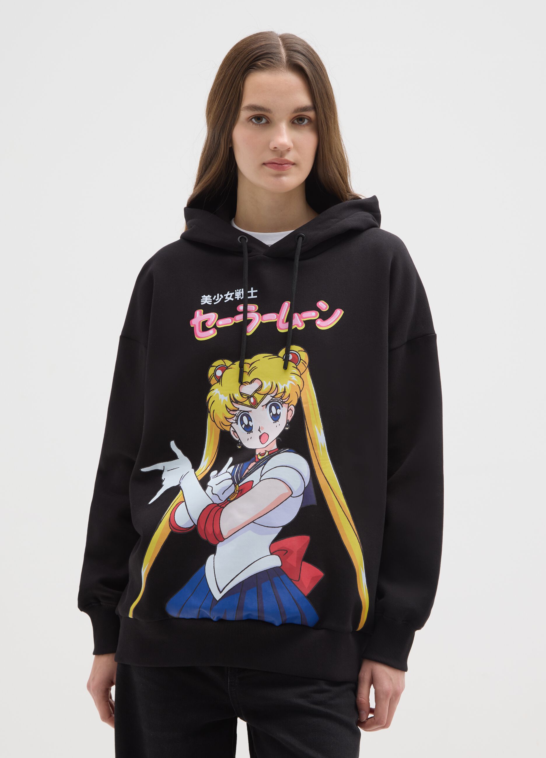 Black regular fit cotton blend sweatshirt with Sailor Moon print