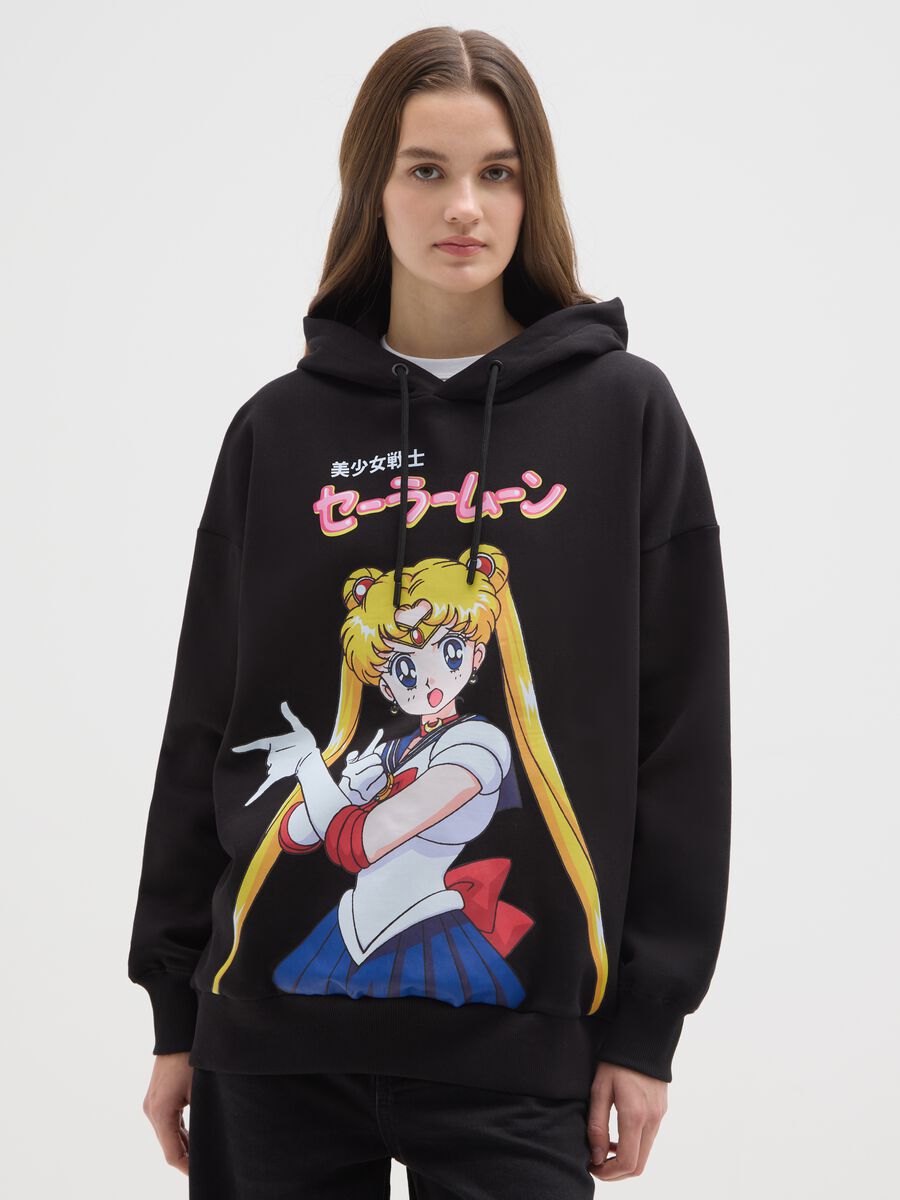 Black regular fit cotton blend sweatshirt with Sailor Moon print_0