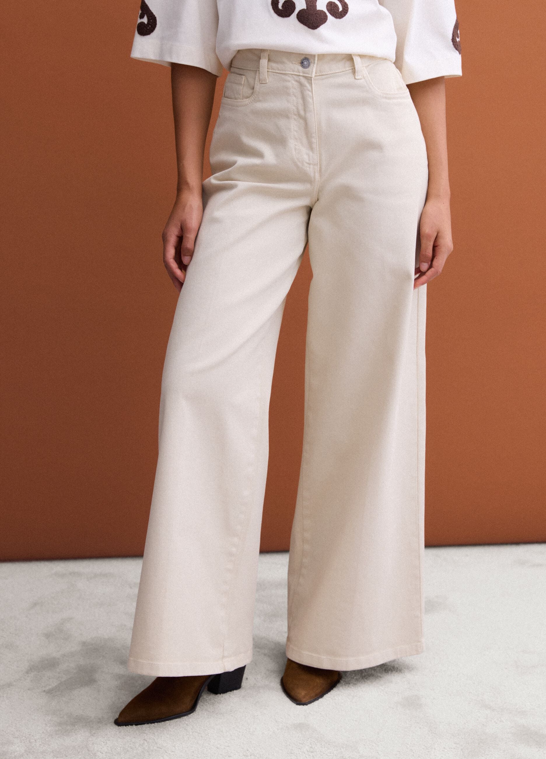 White stretch cotton wide-leg trousers