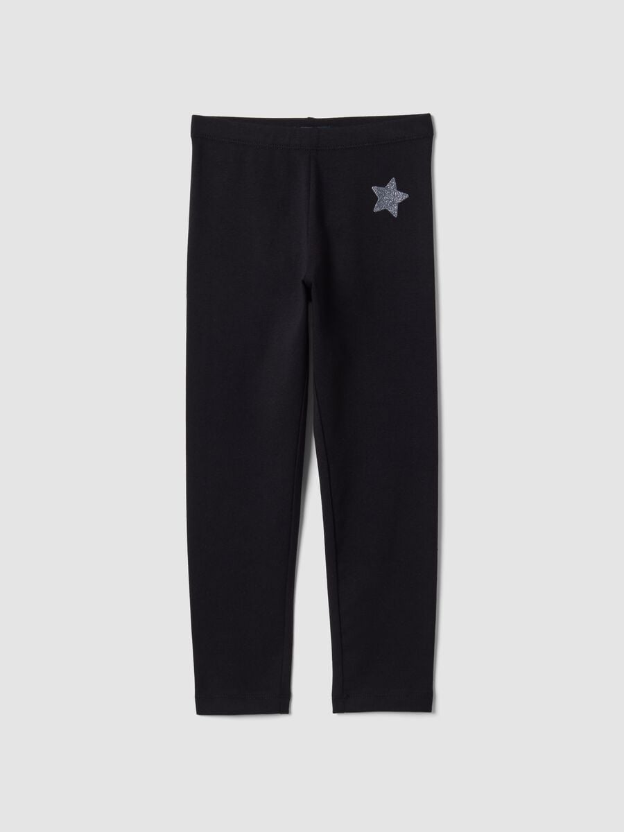 Leggings skinny neri in cotone organico elasticizzato con stella per bambina_0
