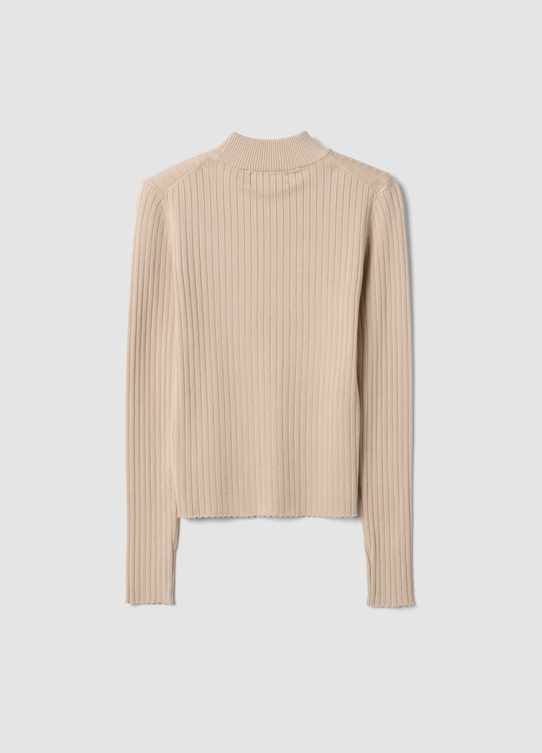 Beige ribbed viscose-blend top with high neck
