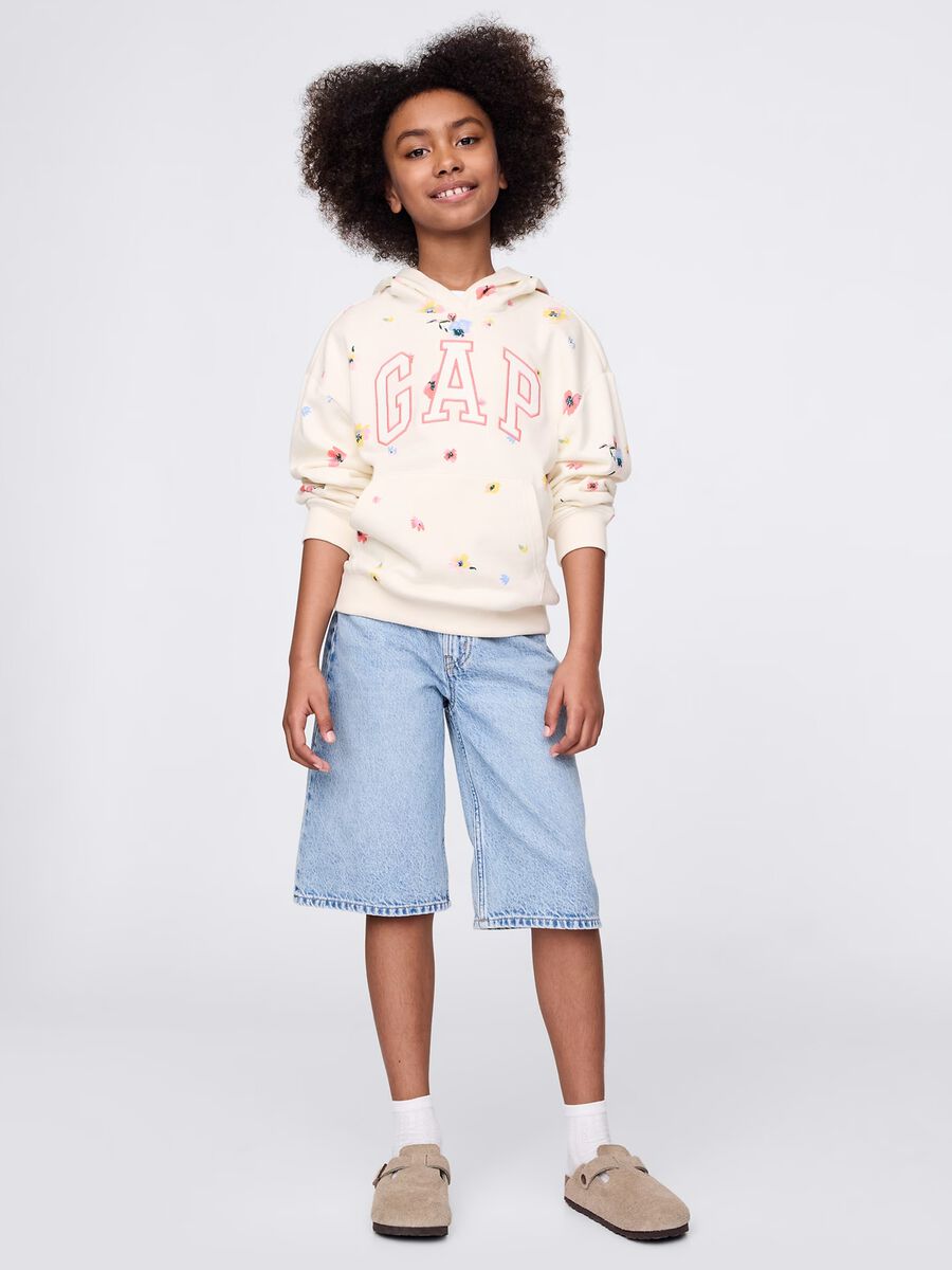 White sweatshirt with hood, flowers print and logo embroidery_1