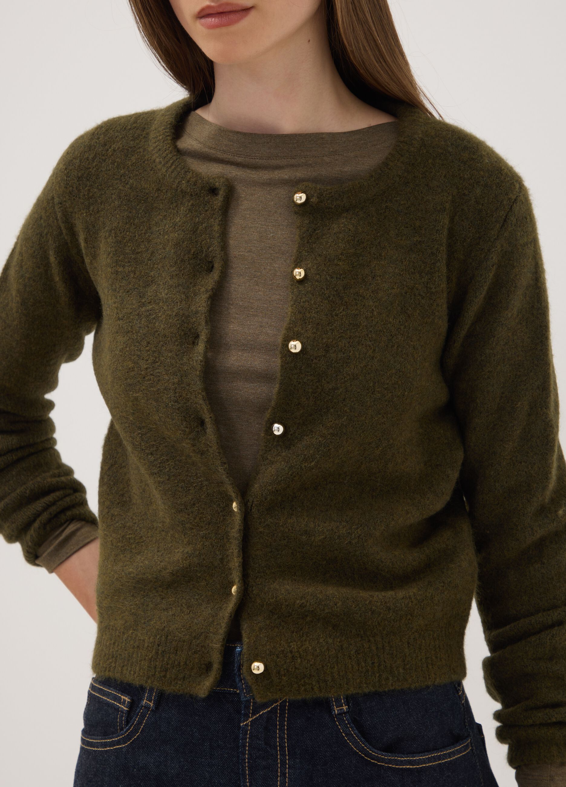 Green stretch-wool crew-neck cardigan, regular fit