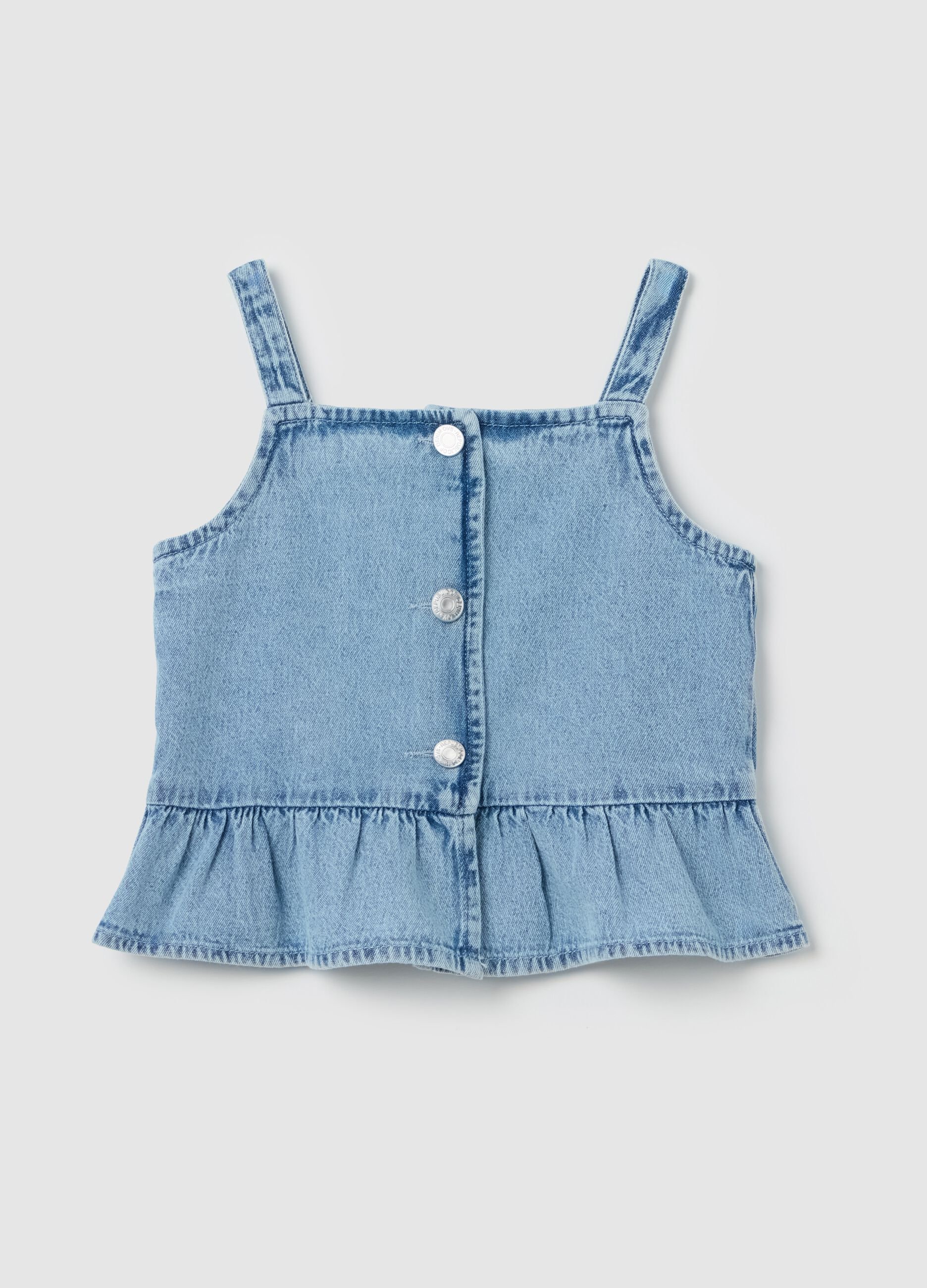 Blue chambray denim vest with flounce