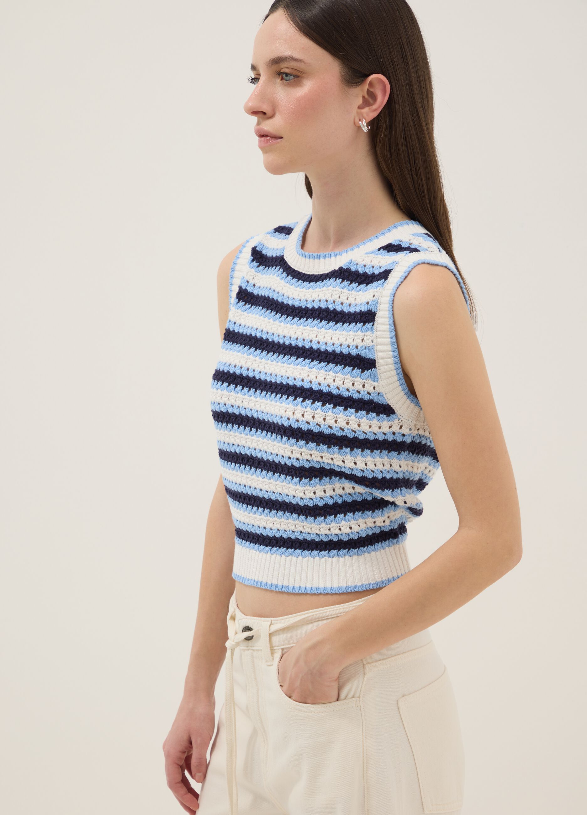 Multicolour striped pure cotton tank top, regular fit