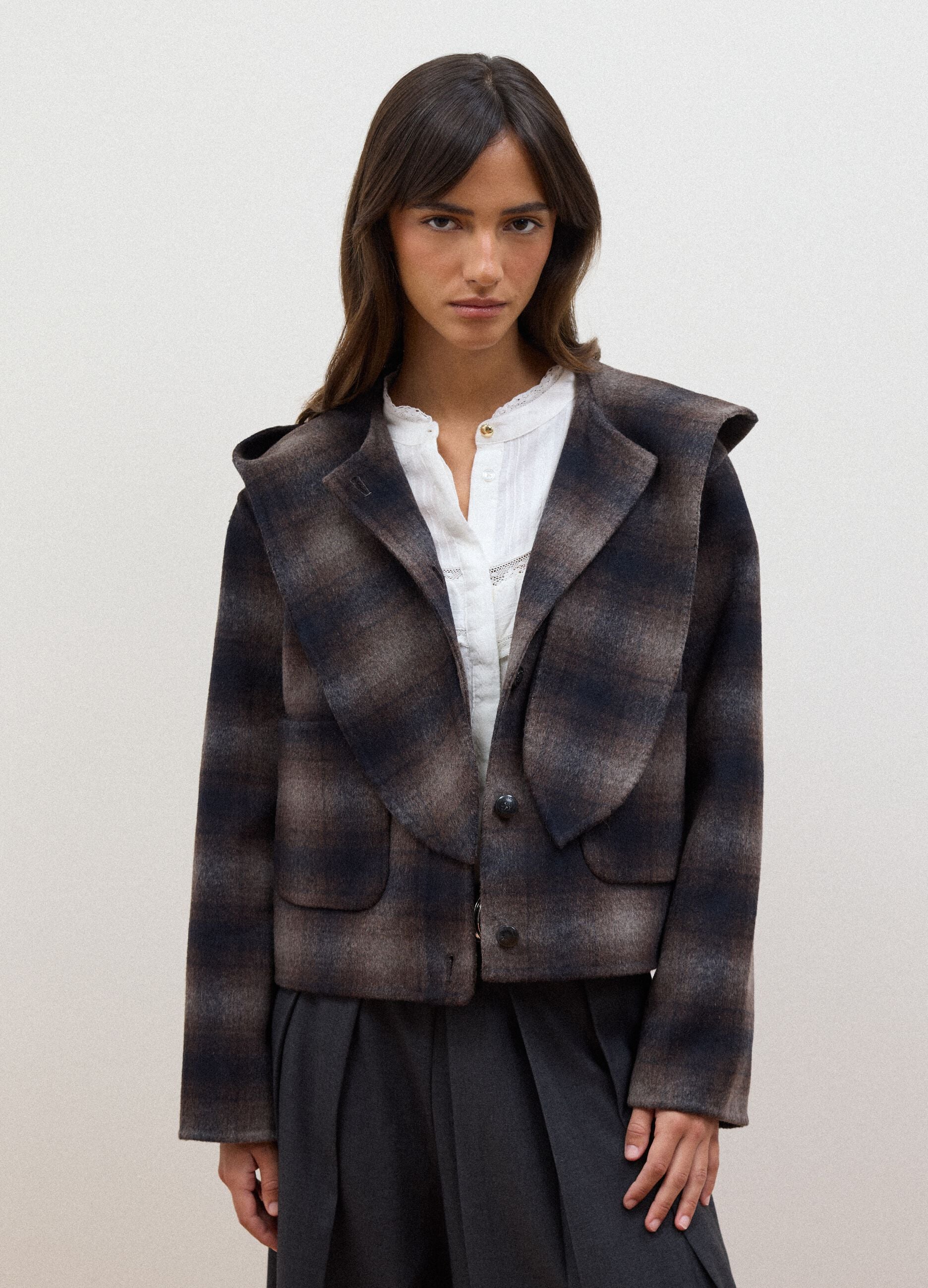 Brown wool and viscose blend hooded coat, regular fit