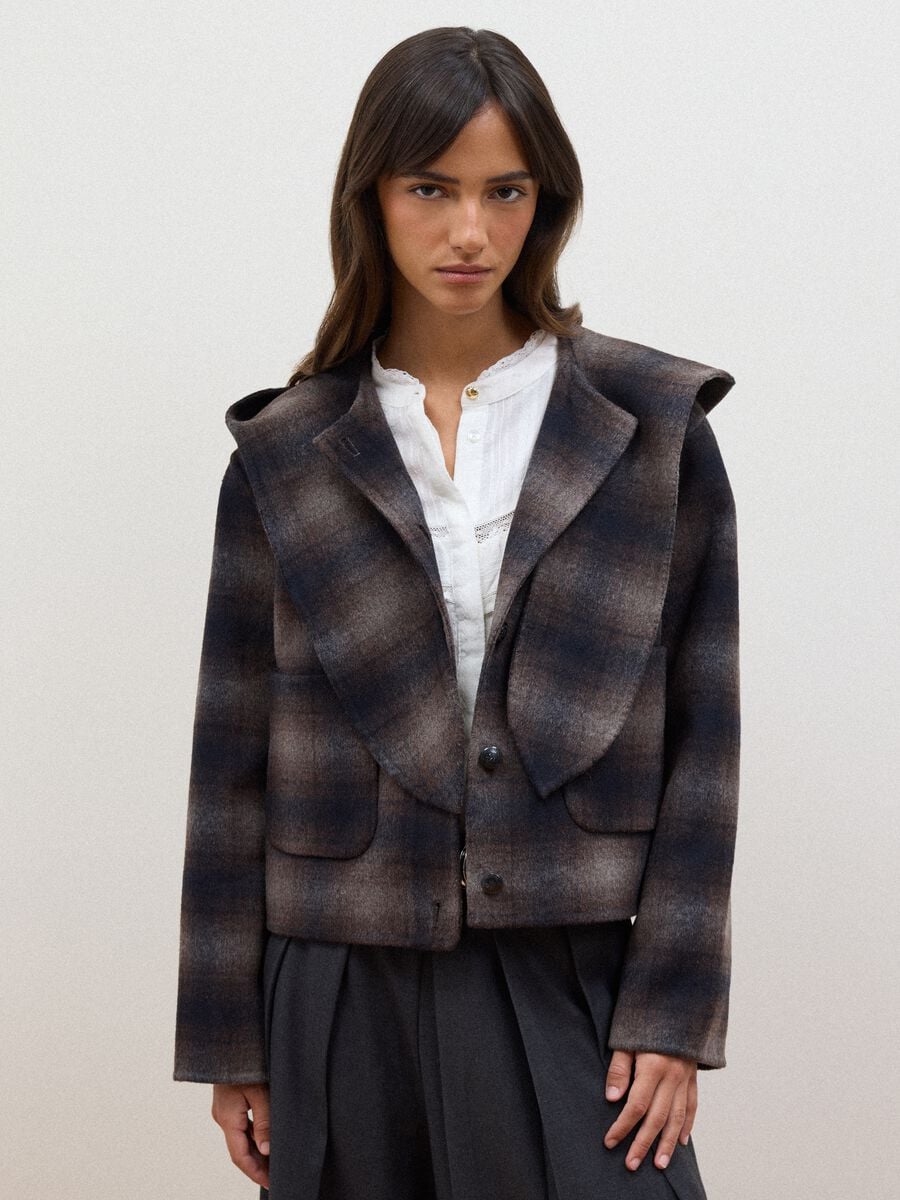 Cappotto marrone in misto lana e viscosa con cappuccio regular fit_1