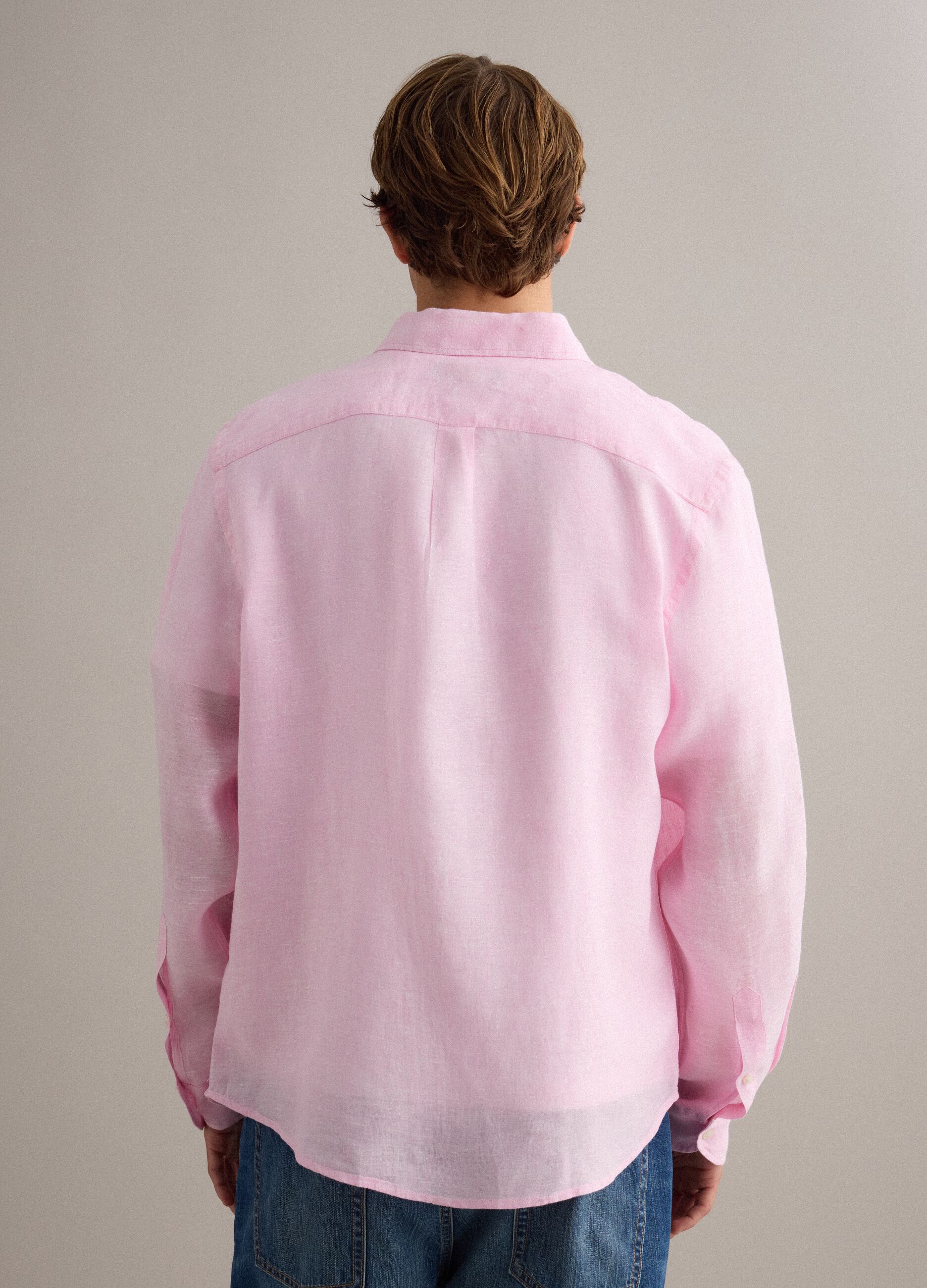 Pink pure linen shirt with button-down collar, regular fit