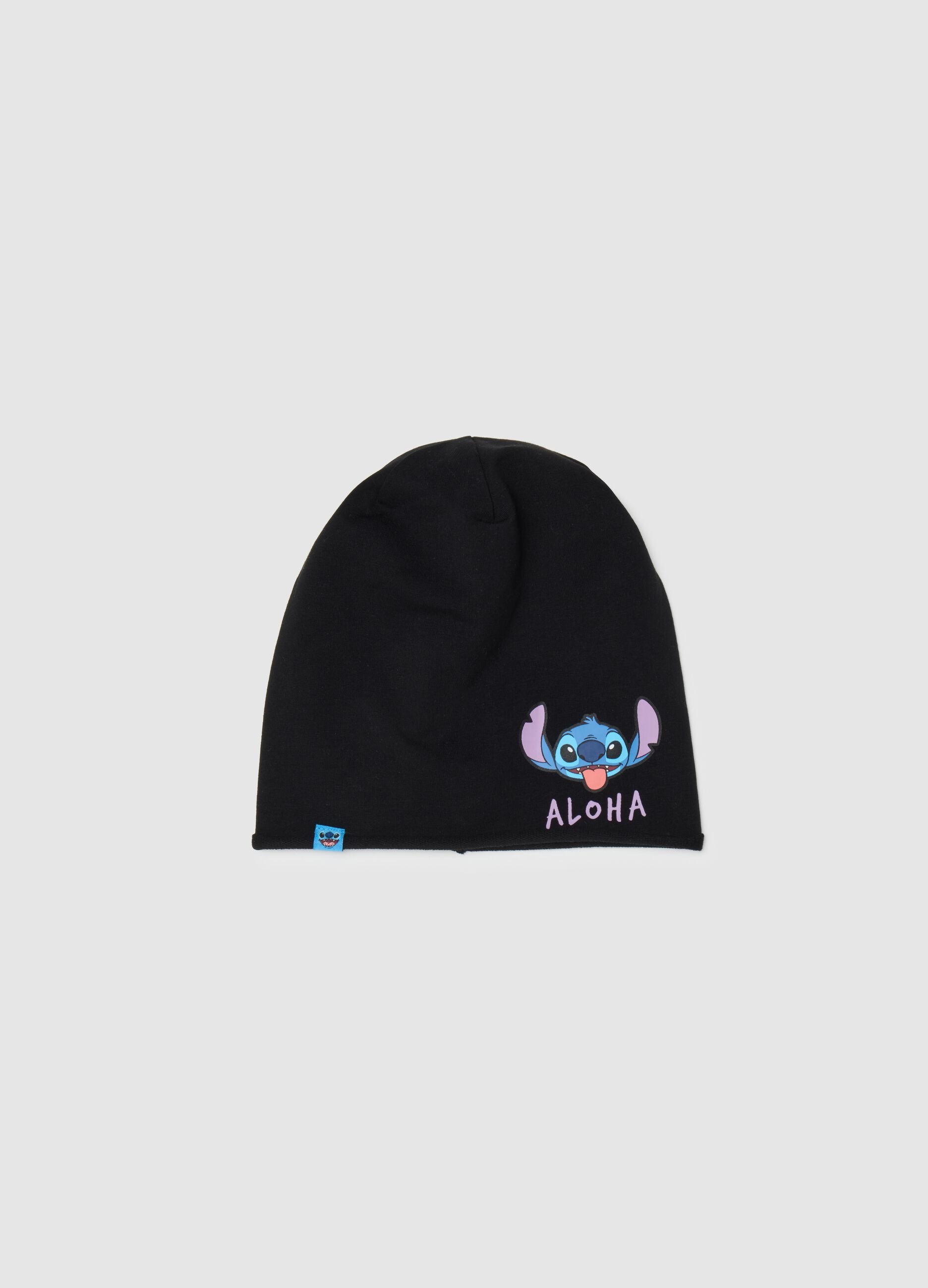 Girls' black stretch cotton cap with Stitch print