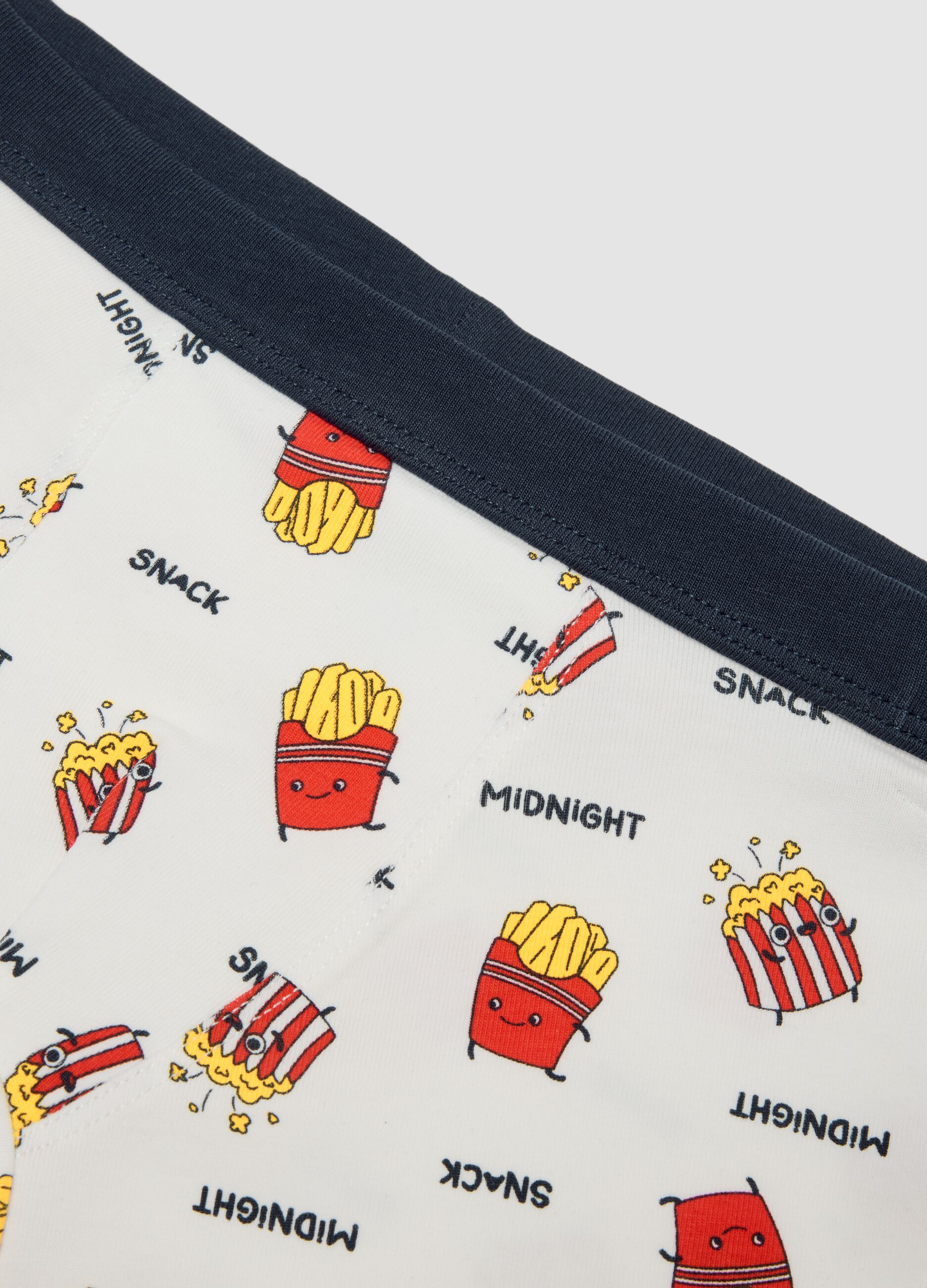 Boxer midi bianco in cotone organico elasticizzato con stampa patatine fritte