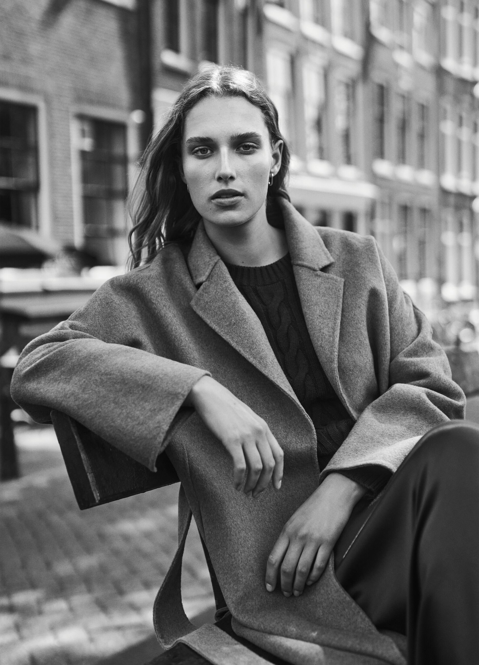 Long coat in beige wool blend, oversized fit