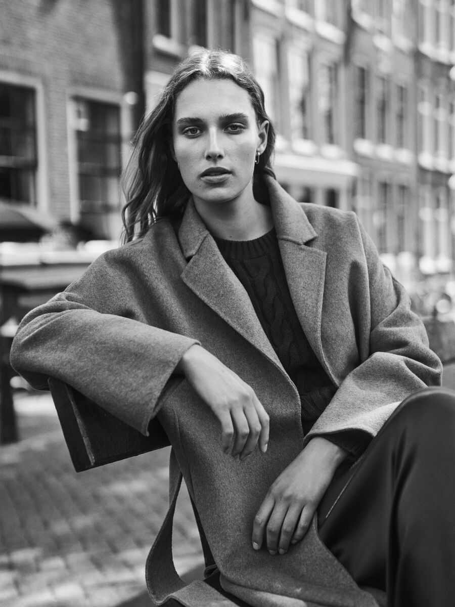 Long coat in beige wool blend, oversized fit_0