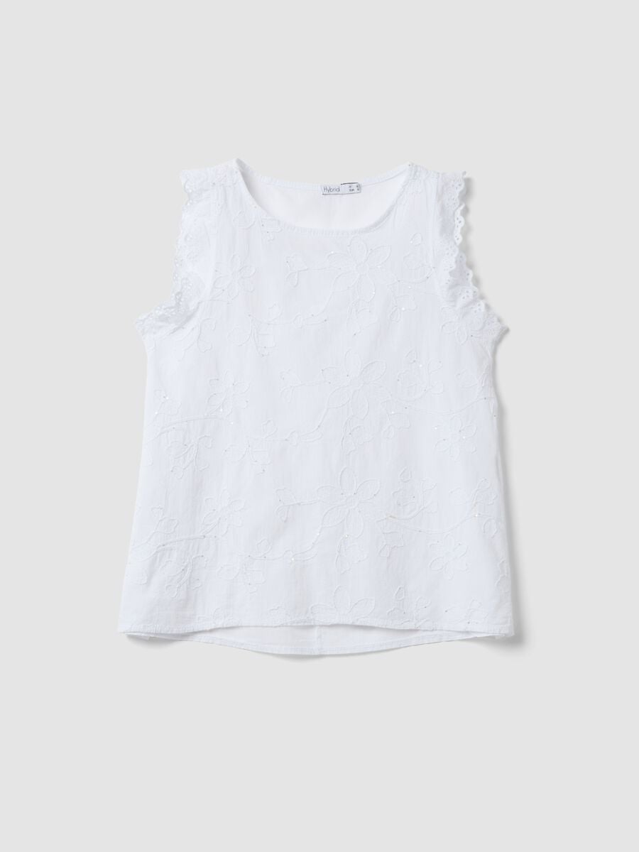 Blusa bianca in puro cotone con ricami floreali regular fit_4