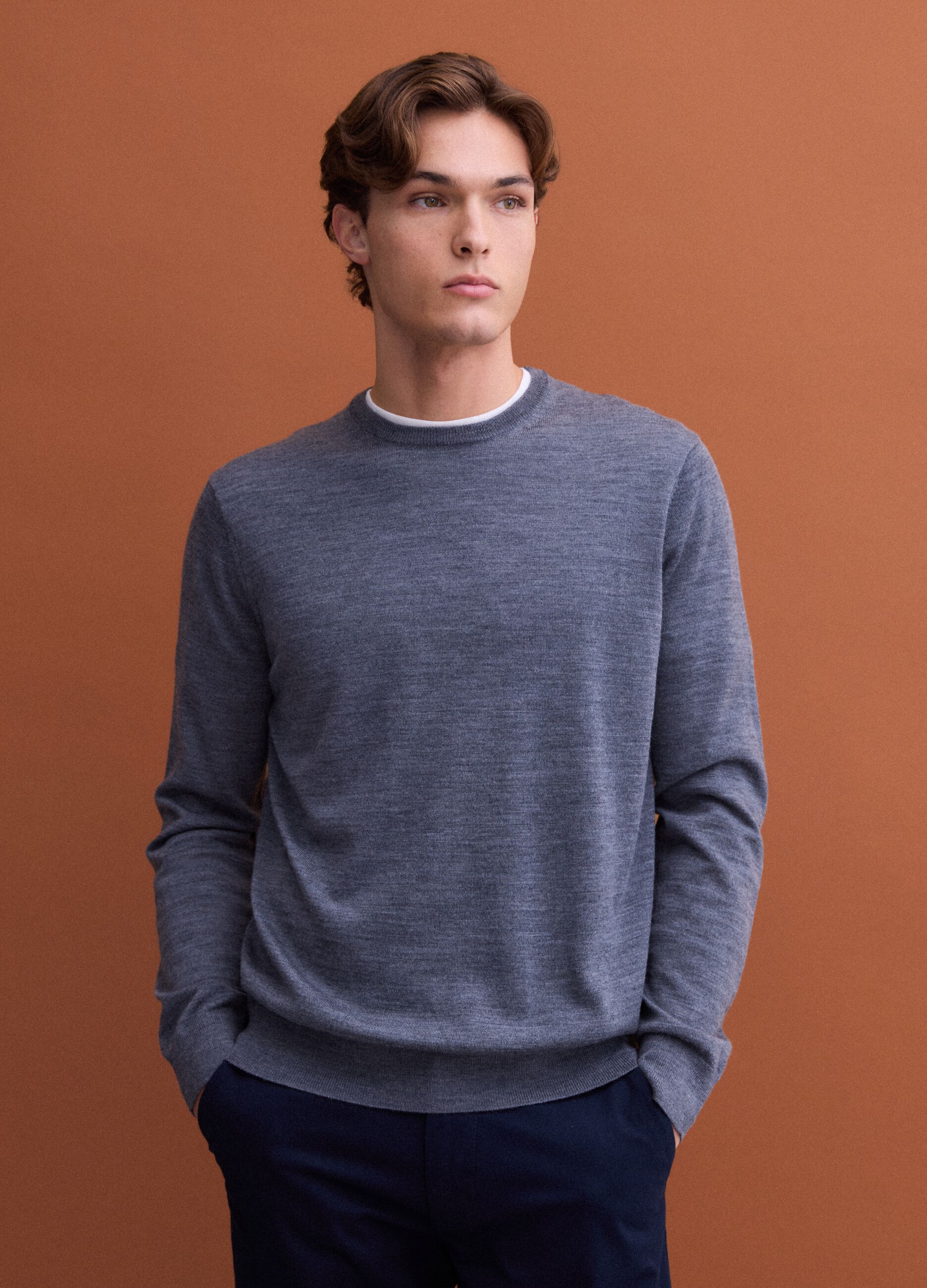 Grey crew-neck pure merino wool jumper, regular fit