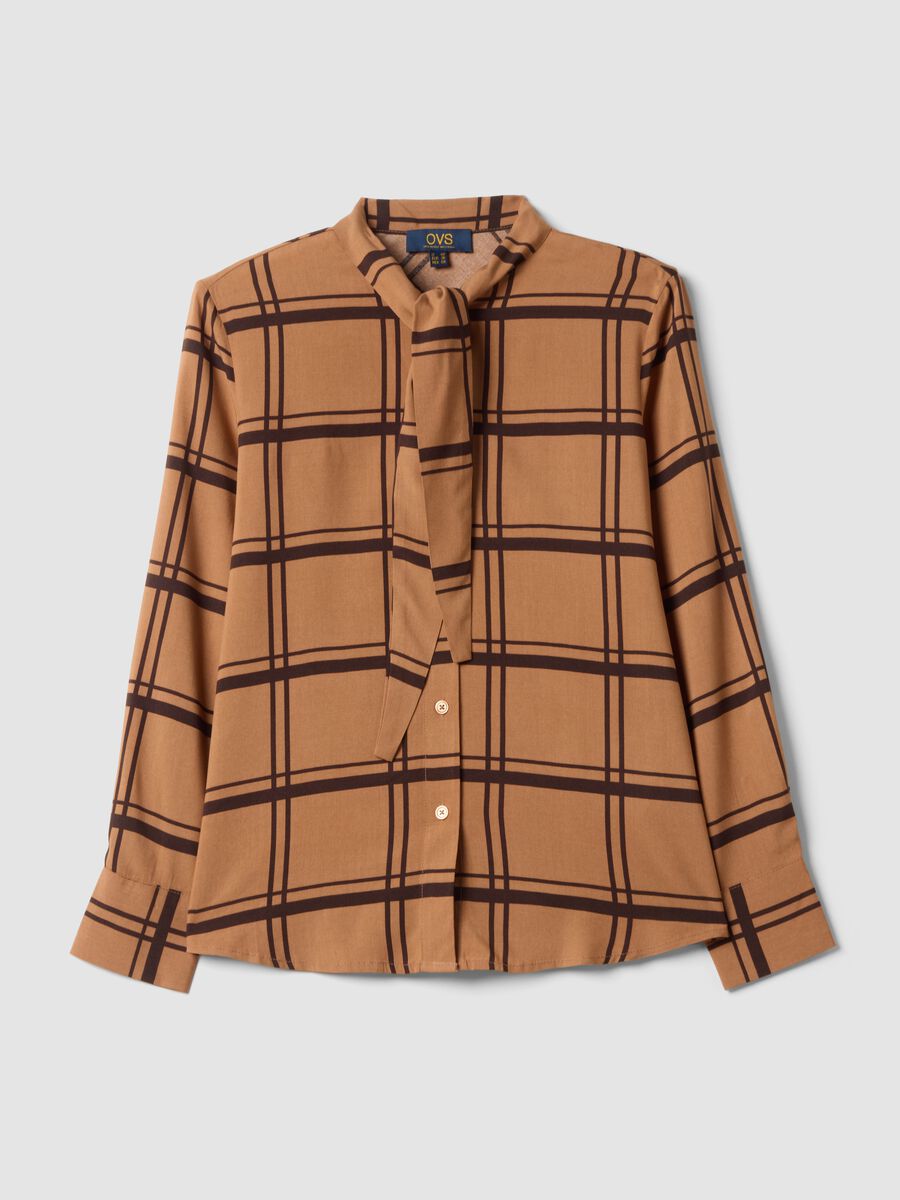 Brown checked pure viscose shirt with neck tie, regular fit_4