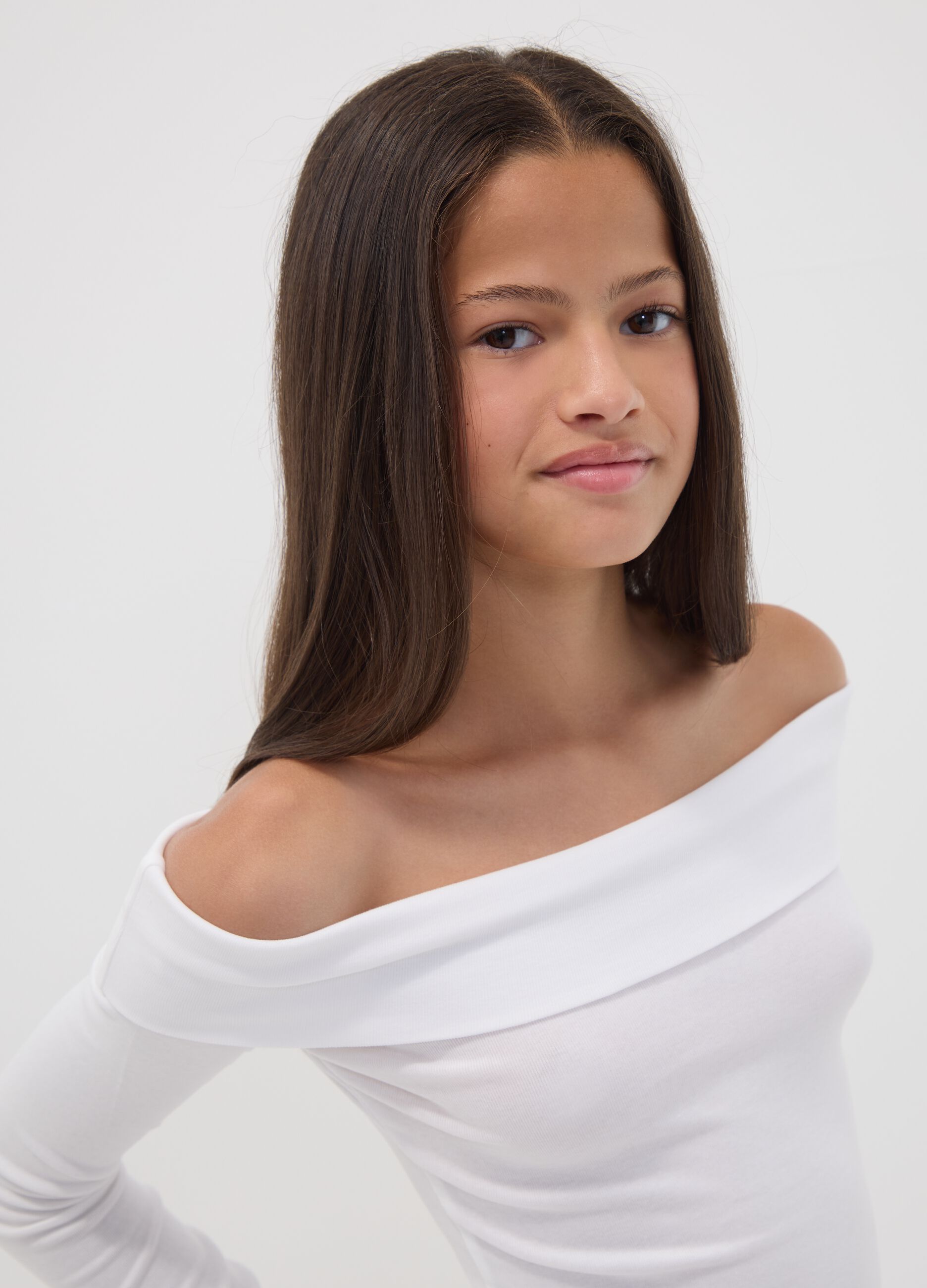 White stretch cotton slim-fit boat-neck T-shirt