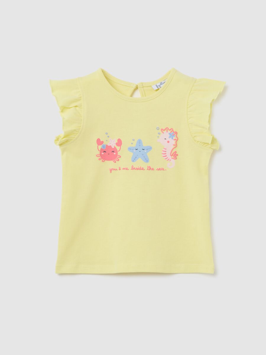Yellow tank top in cotton with print and flounce_0