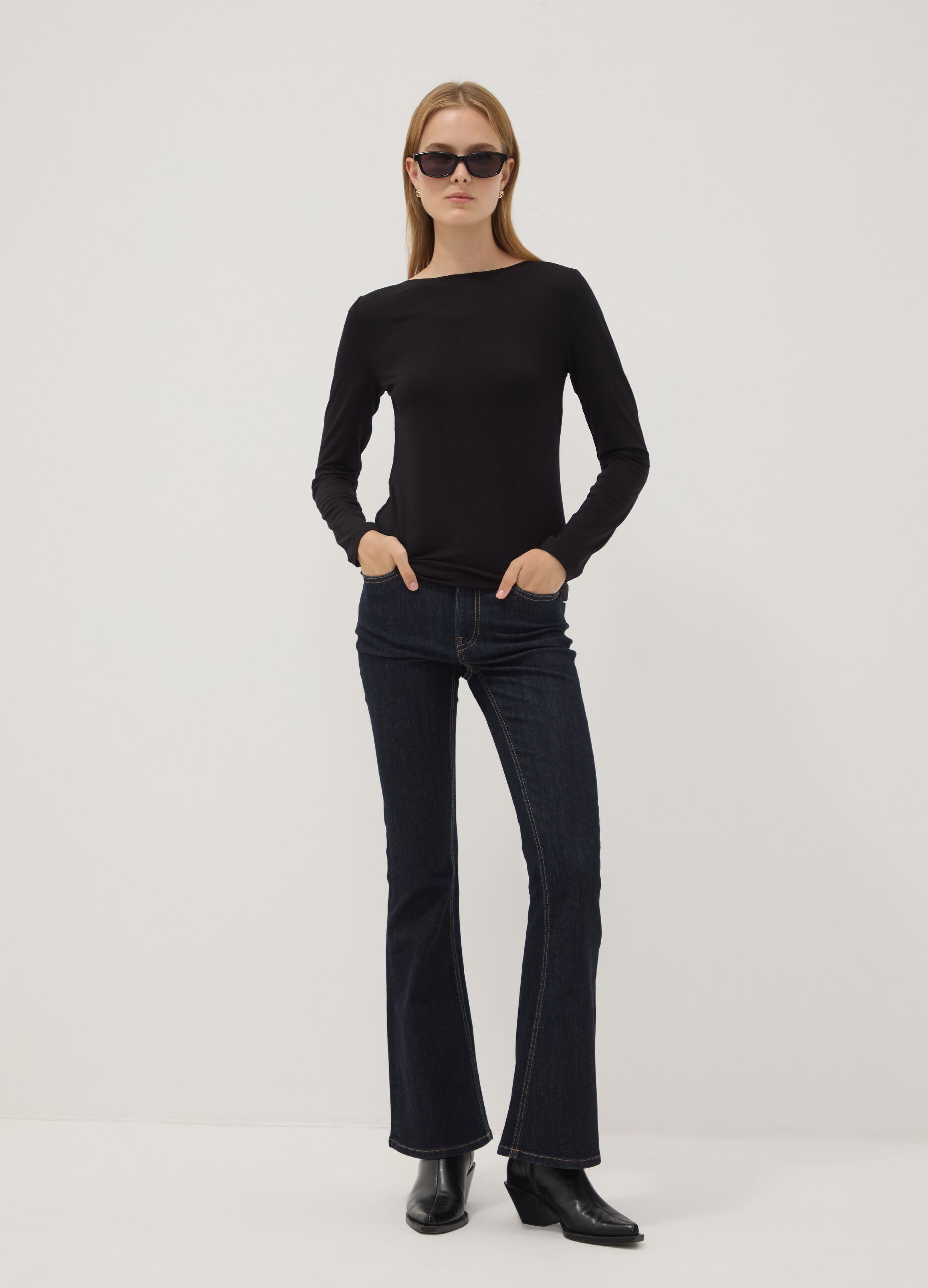 Black stretch viscose long-sleeve T-shirt