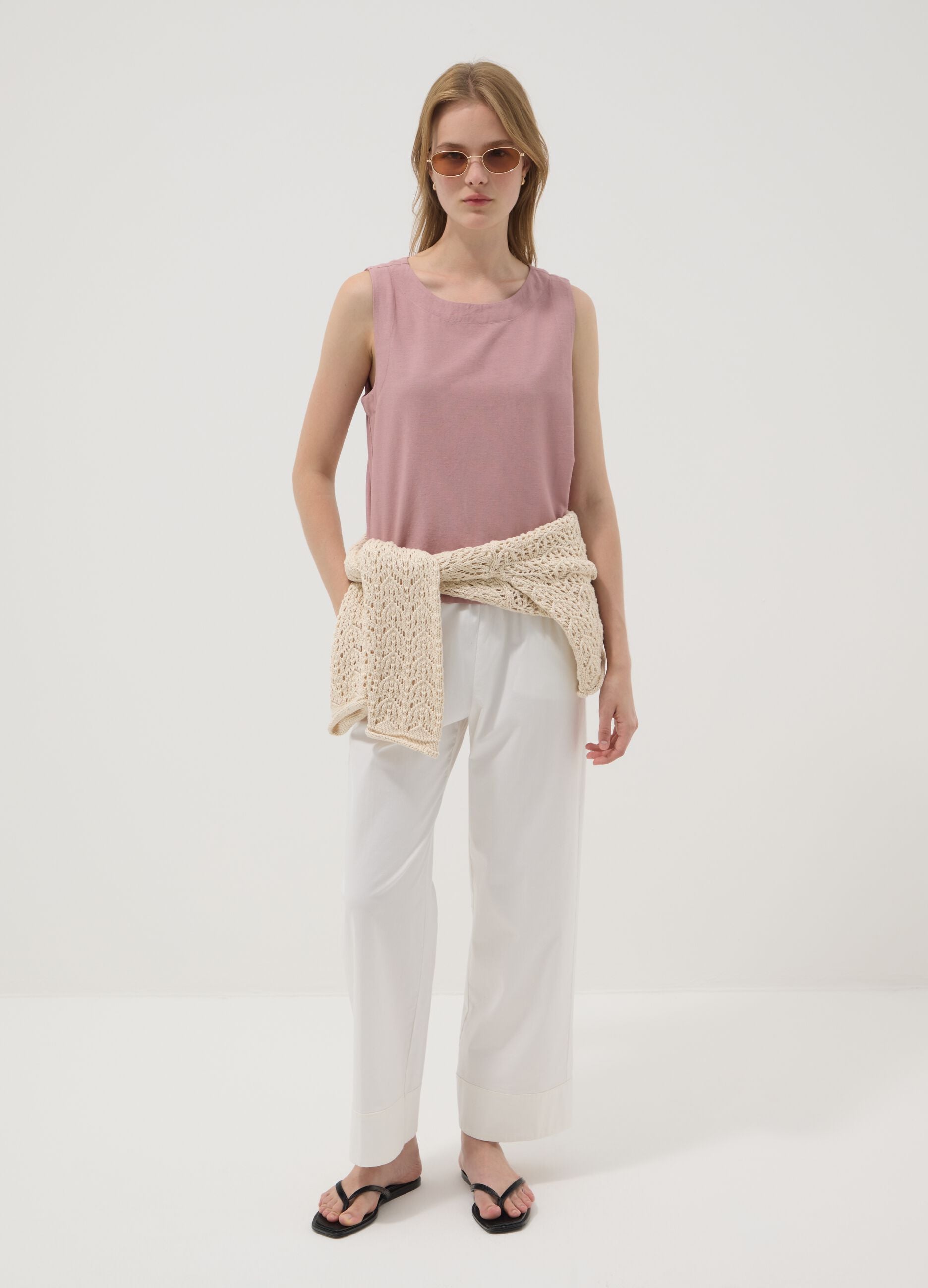 Pink top in viscose, cotton and linen blend, regular fit