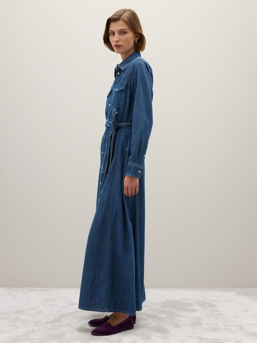 Long pure cotton denim dress with zip and belt_1