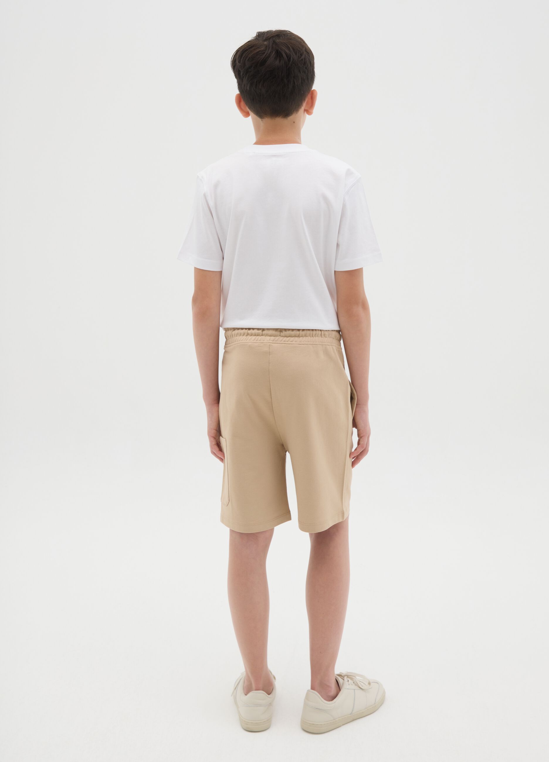 Beige cargo Bermuda joggers in cotton with drawstring