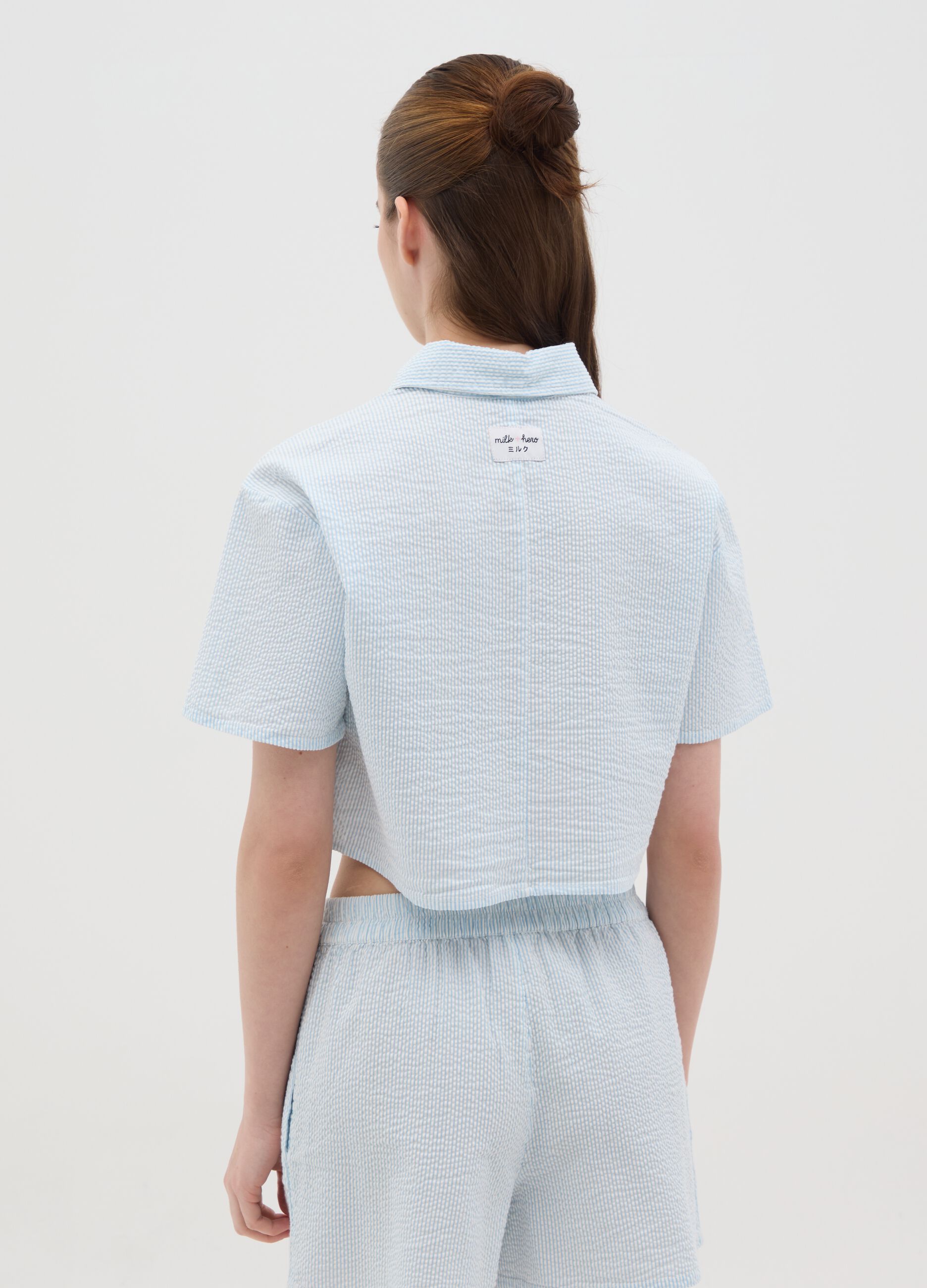 Sky Blue Seersucker Crop Shirt