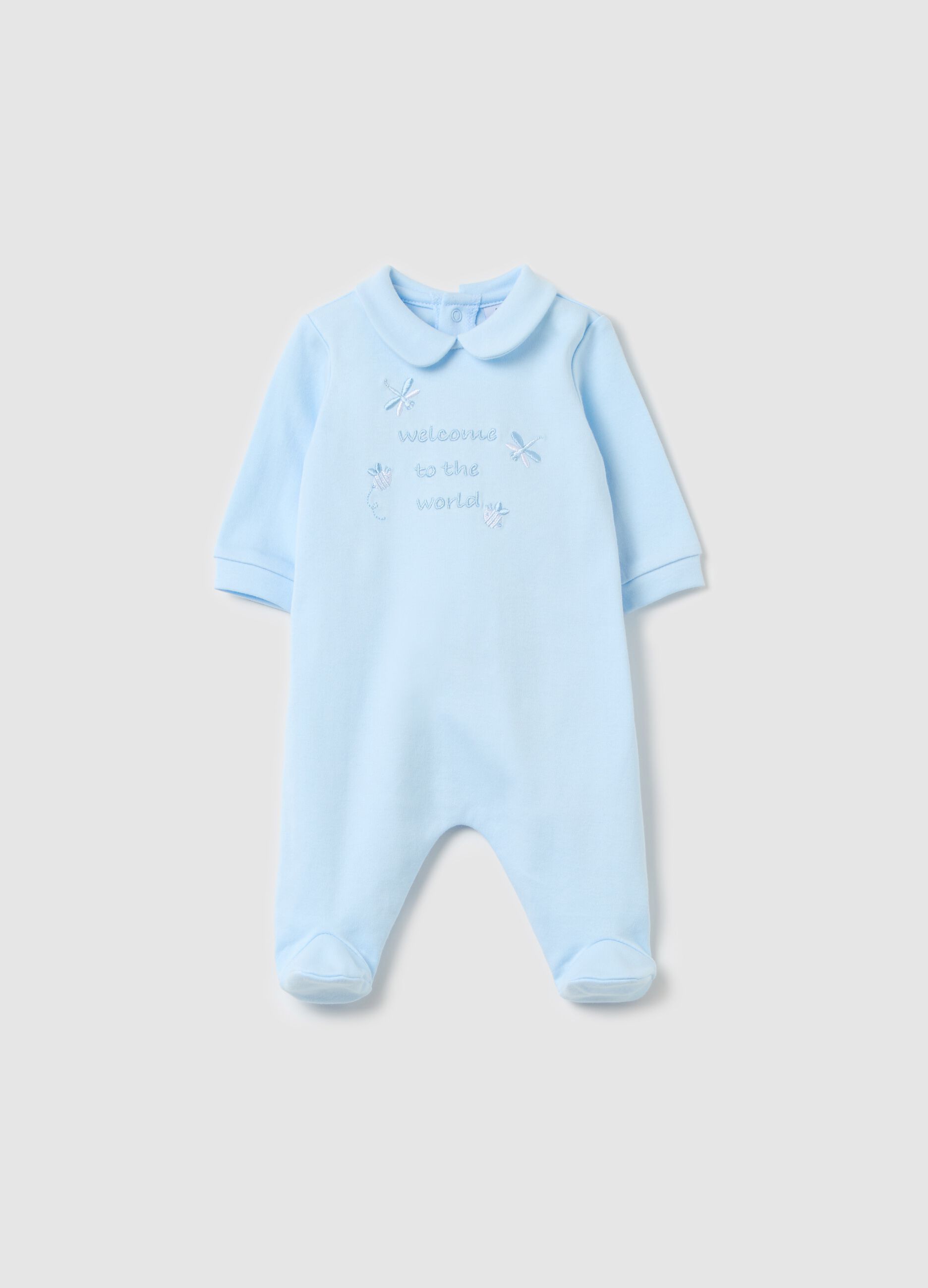 Tutina in cotone con piedini e ricamo "Welcome to the World"