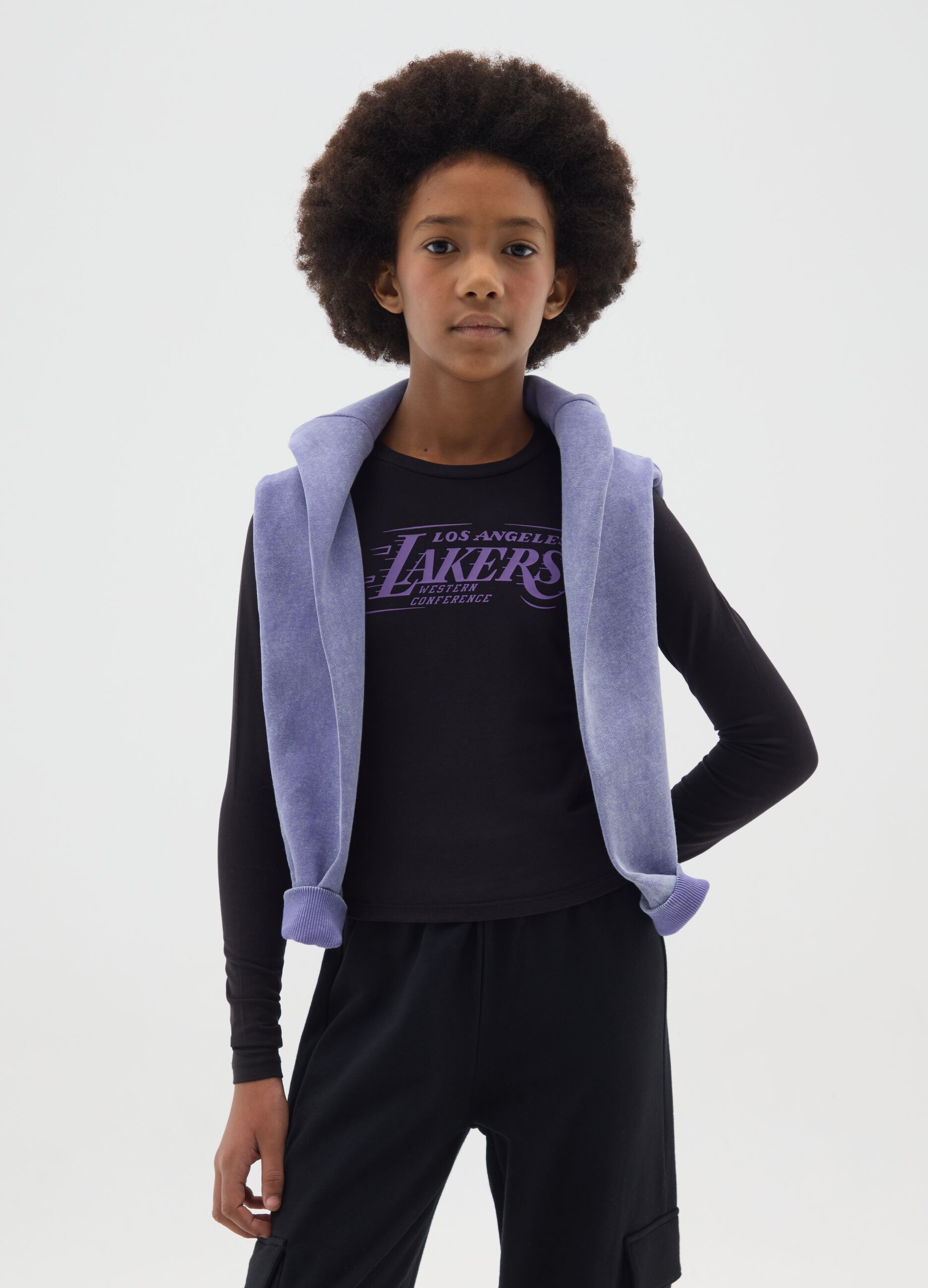 Girls' Black Cotton Blend Slim Fit T-shirt with Lakers Print