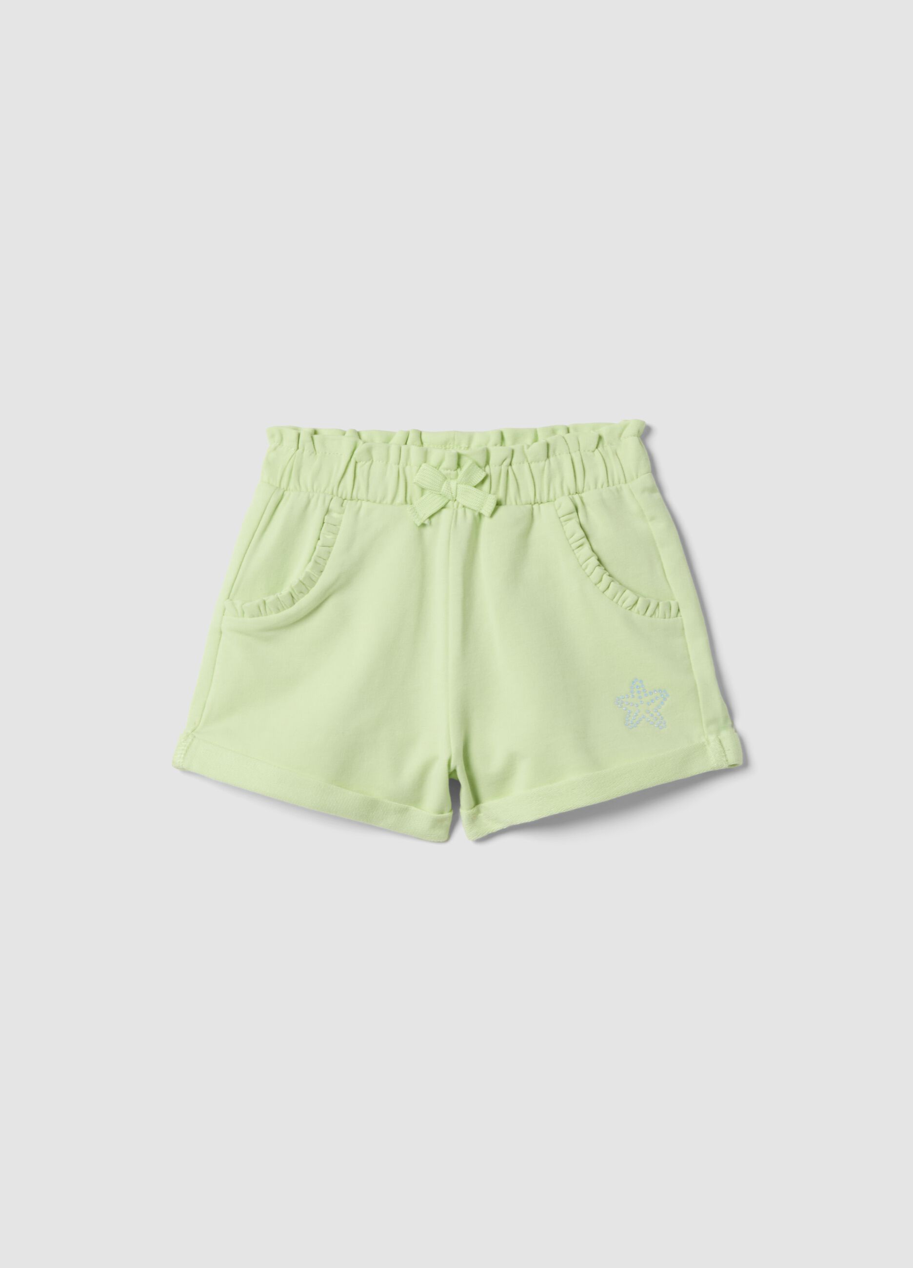 Girls&rsquo; green stretch cotton shorts with bow