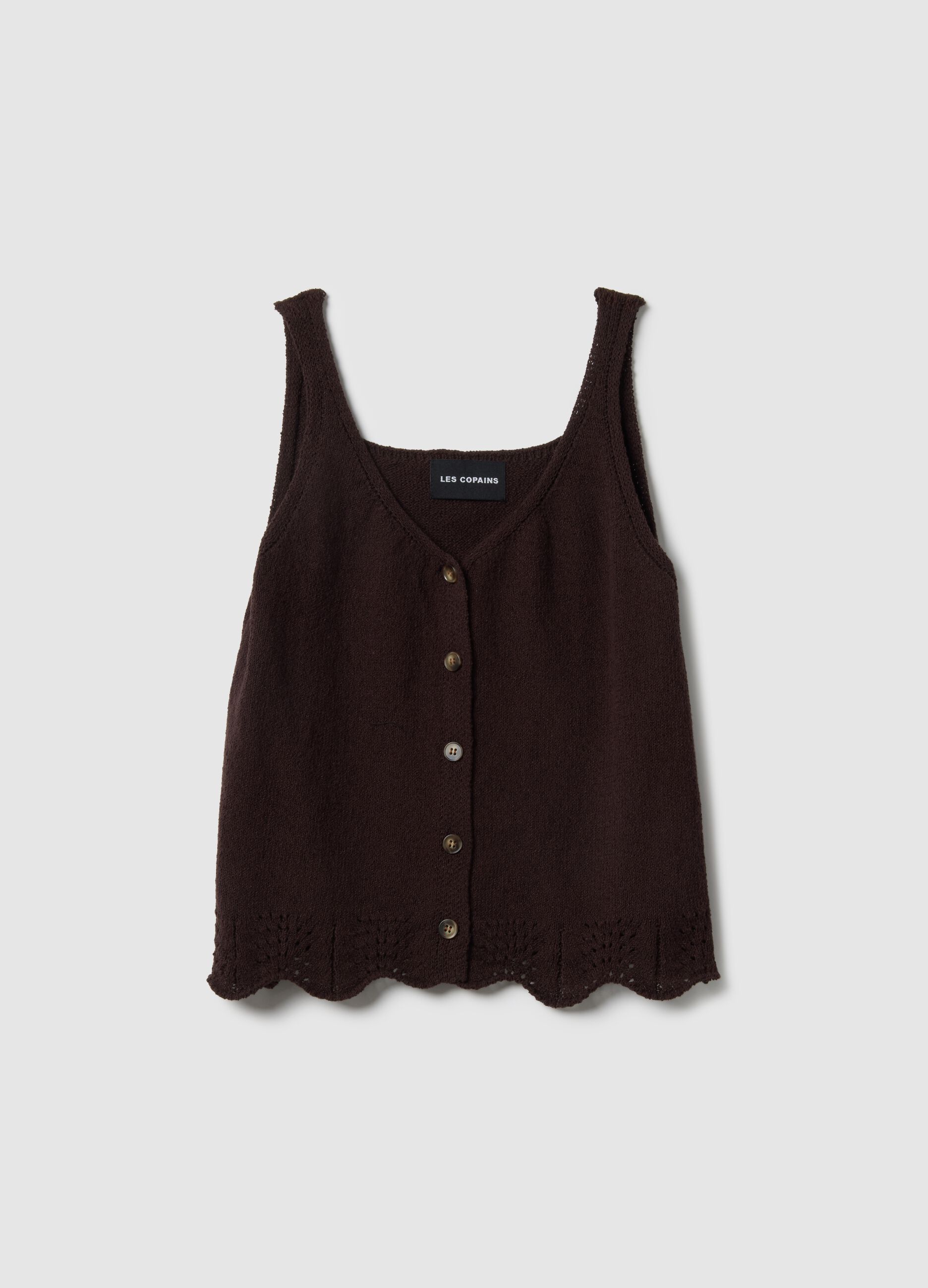 Brown cotton blend regular fit tank top with buttons