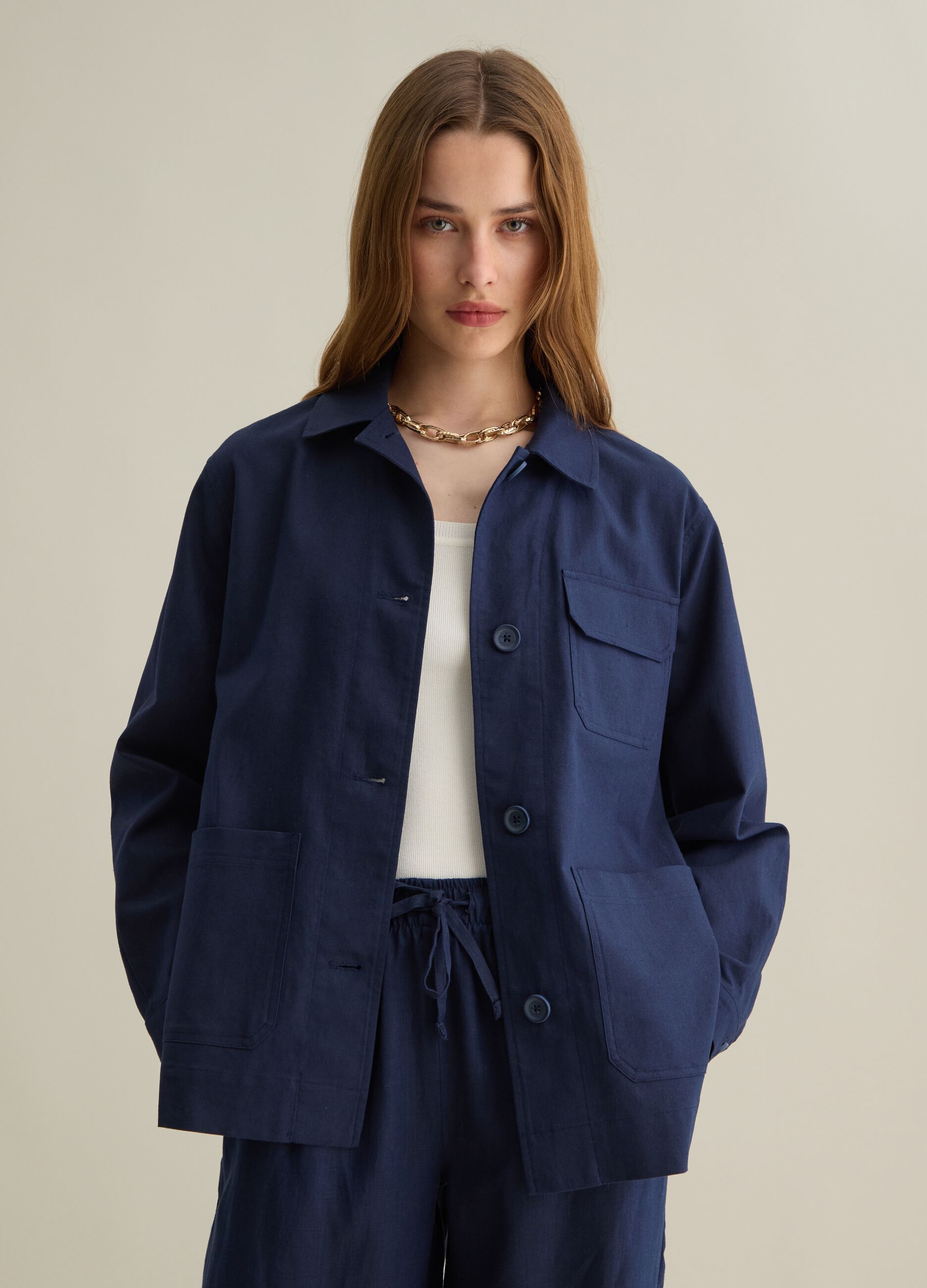 Giacca da donna in cotone e lino blu regular fit