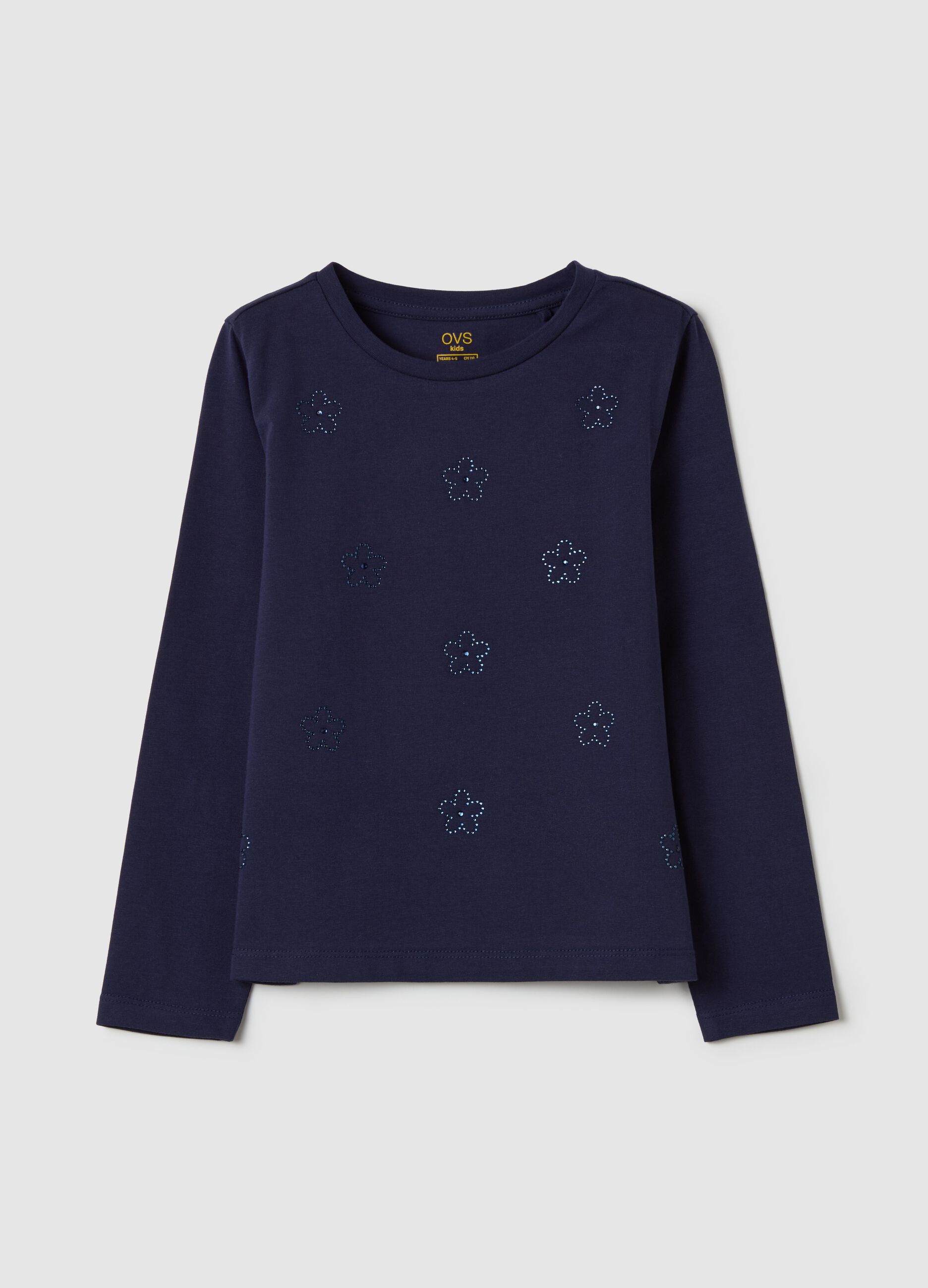 T-shirt maniche lunghe con fiori di strass