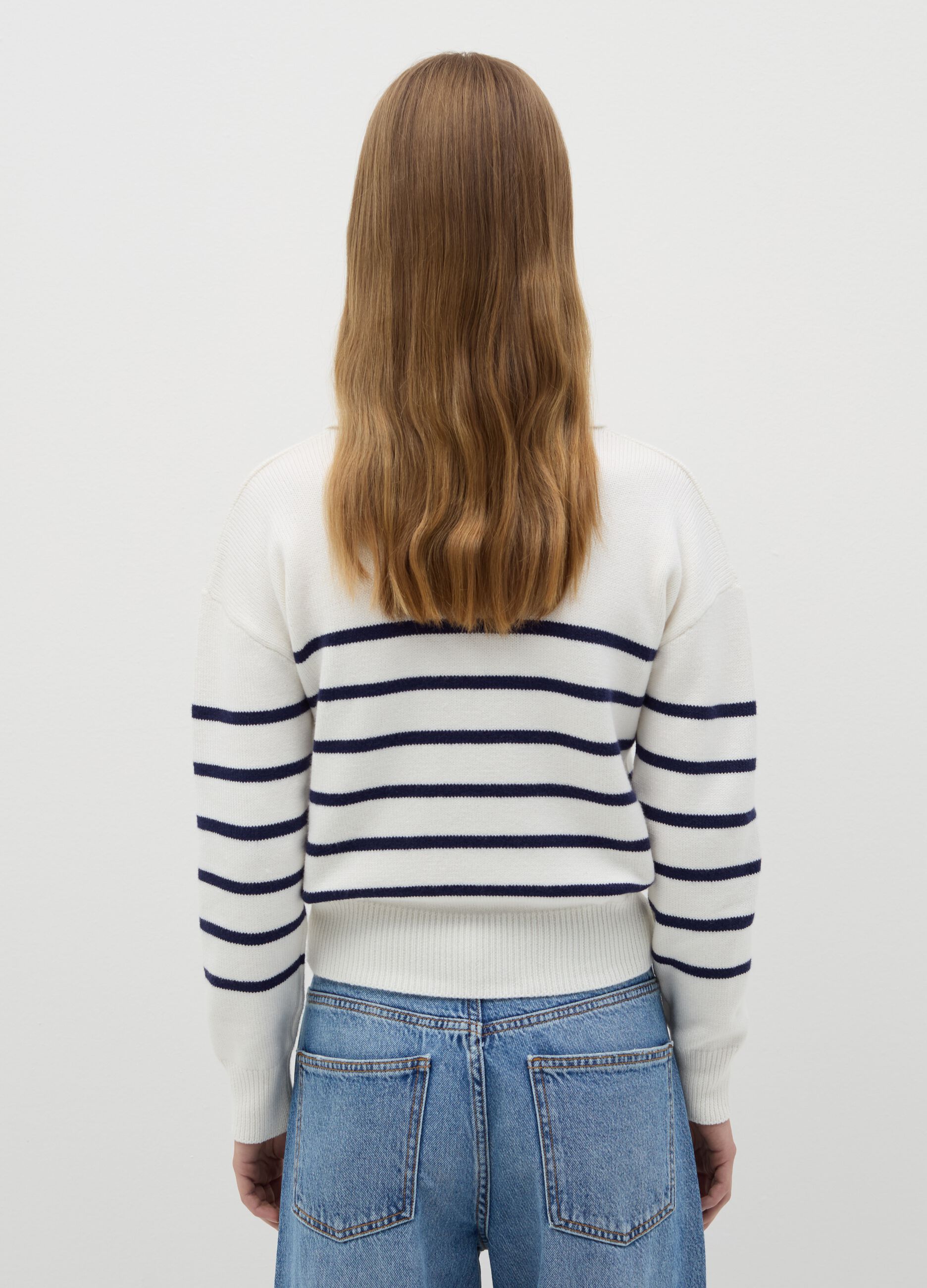 Top with blue and white stripes and polo neck