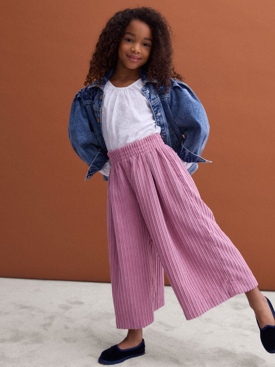 Pink wide-leg ribbed trousers with elasticated waistband_0